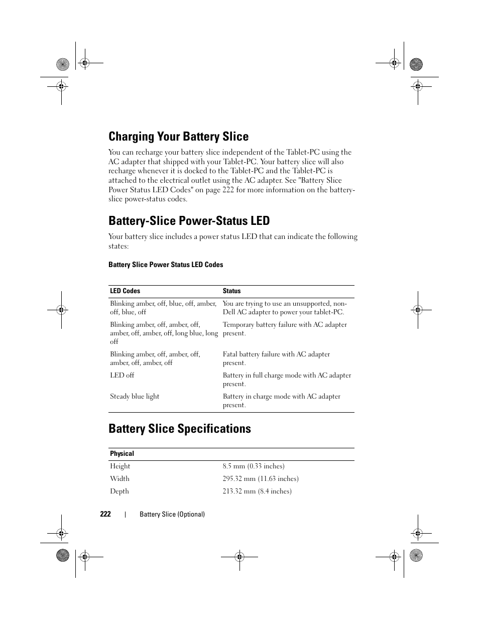 Charging your battery slice, Battery-slice power-status led, Battery slice specifications | Dell Latitude XT (Late 2007) User Manual | Page 222 / 248