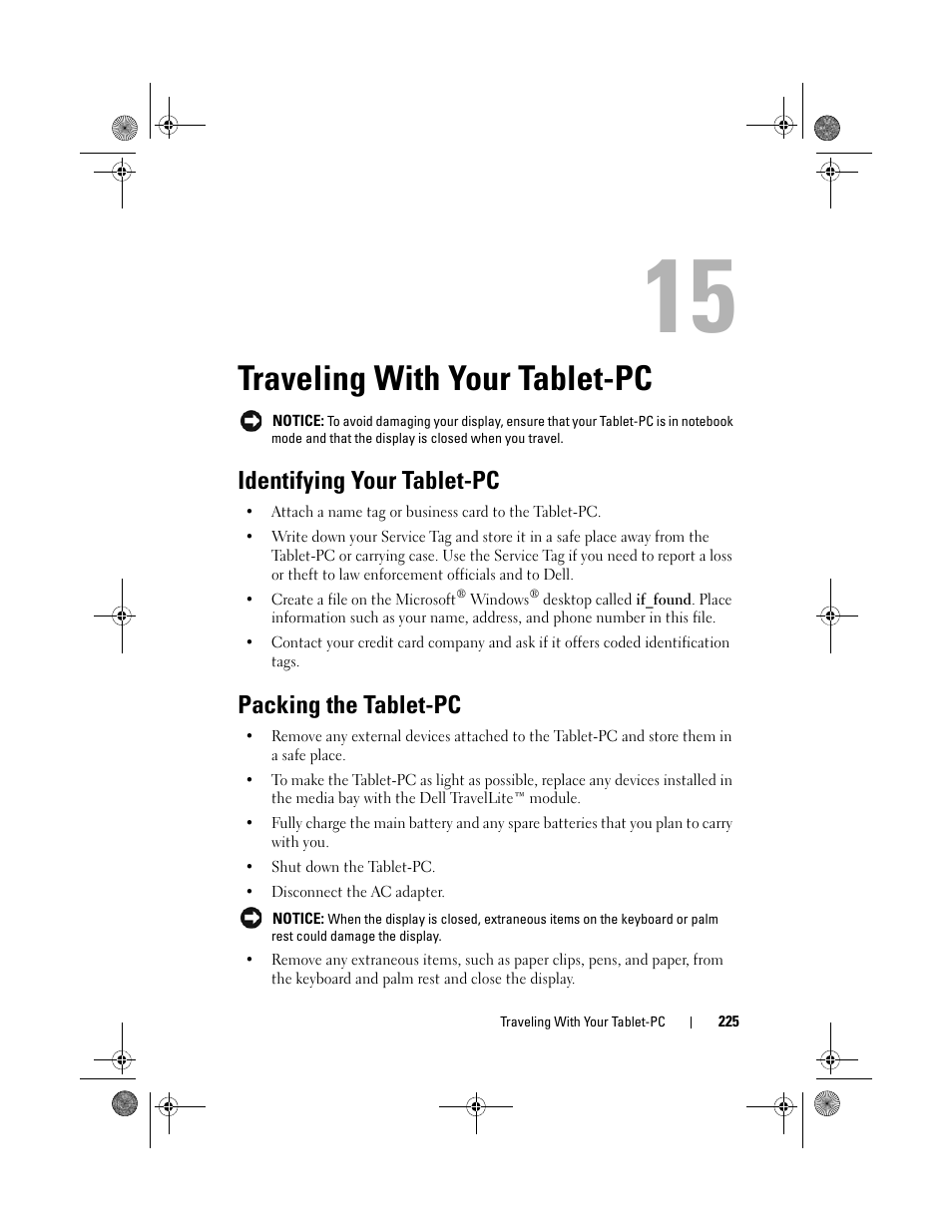 Traveling with your tablet-pc, Identifying your tablet-pc, Packing the tablet-pc | Dell Latitude XT (Late 2007) User Manual | Page 225 / 248