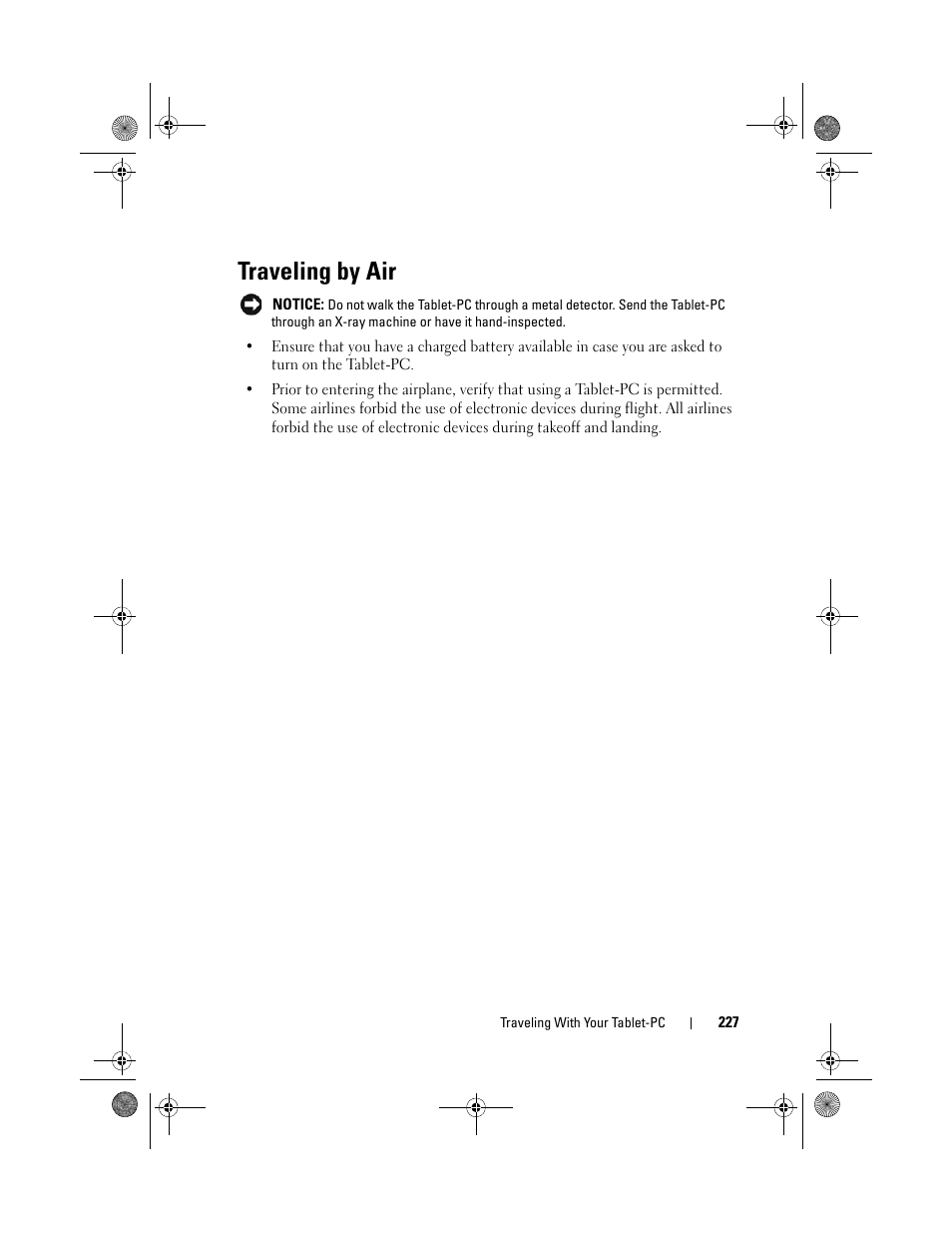 Traveling by air | Dell Latitude XT (Late 2007) User Manual | Page 227 / 248