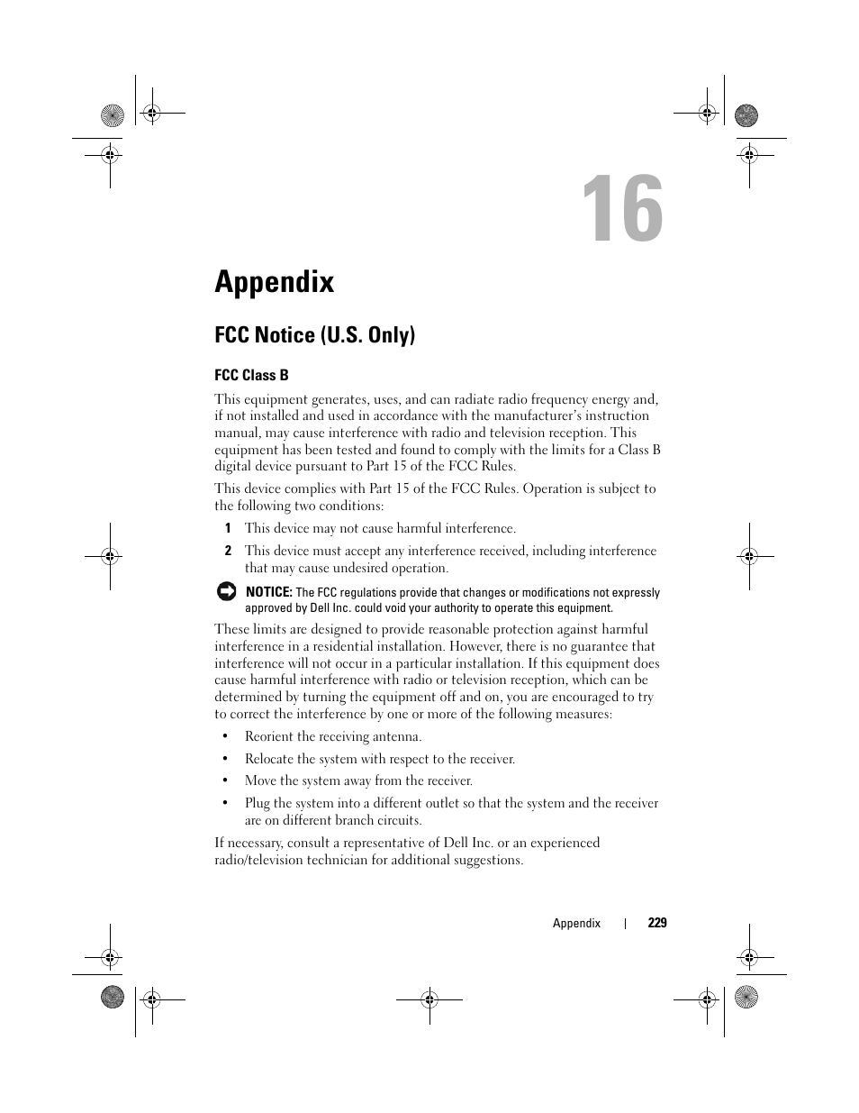 Appendix, Fcc notice (u.s. only), Fcc class b | Dell Latitude XT (Late 2007) User Manual | Page 229 / 248