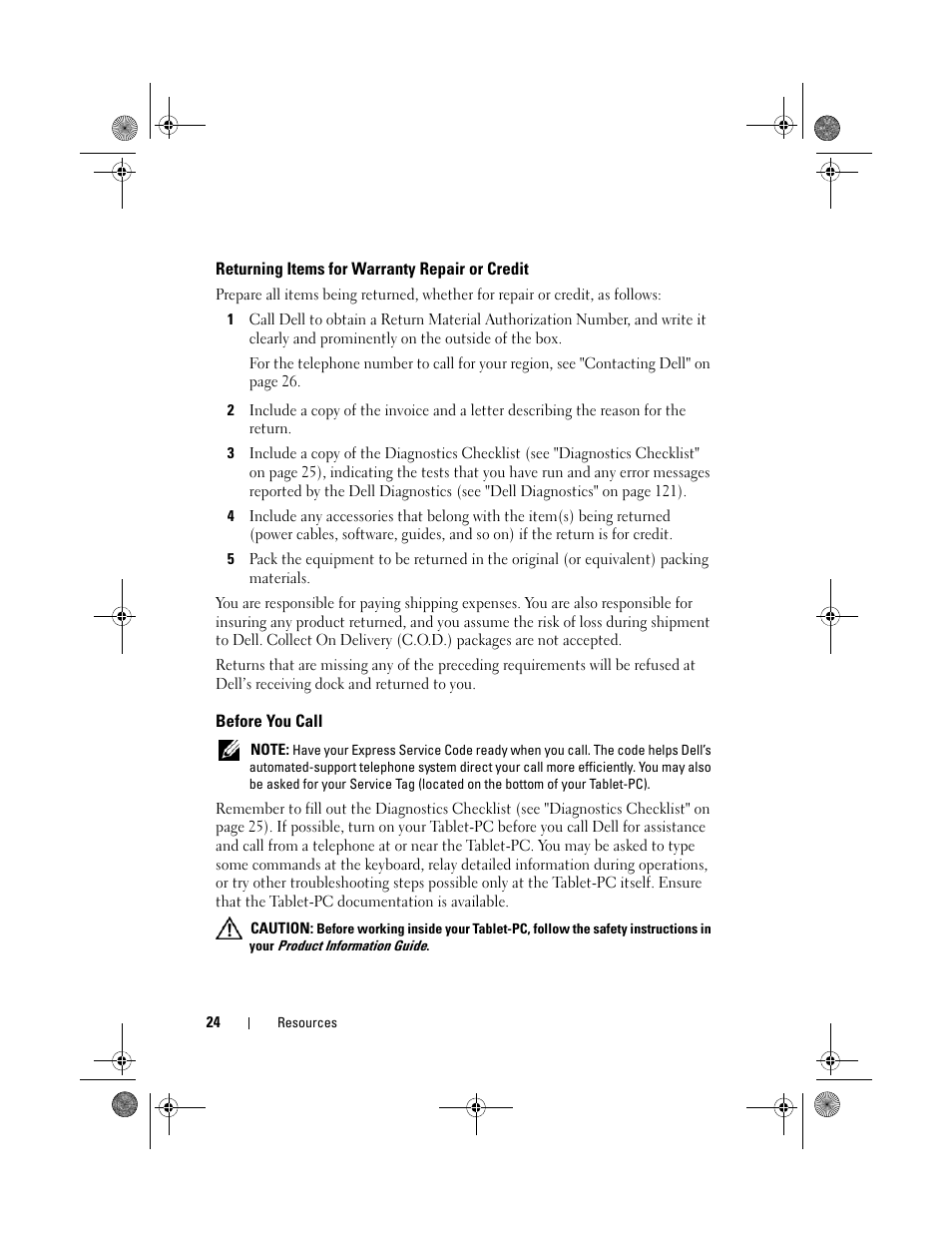 Returning items for warranty repair or credit, Before you call | Dell Latitude XT (Late 2007) User Manual | Page 24 / 248