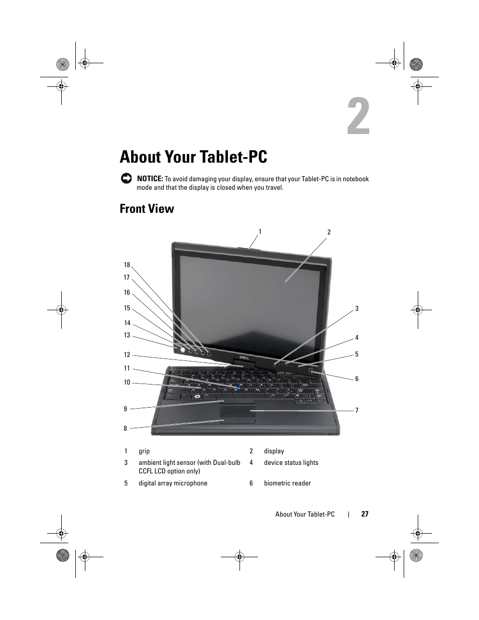 About your tablet-pc, Front view, Ee "front | Dell Latitude XT (Late 2007) User Manual | Page 27 / 248