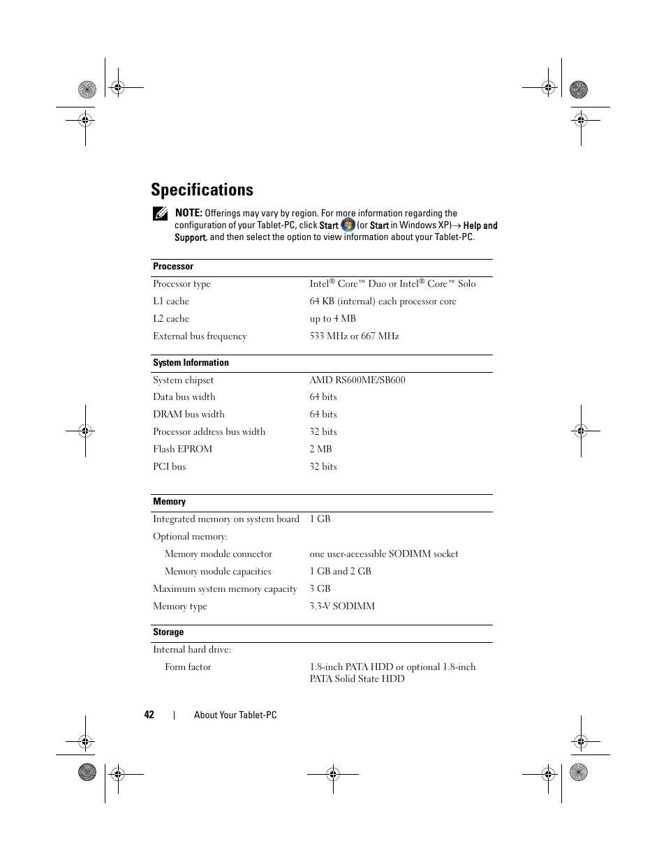 Specifications | Dell Latitude XT (Late 2007) User Manual | Page 42 / 248