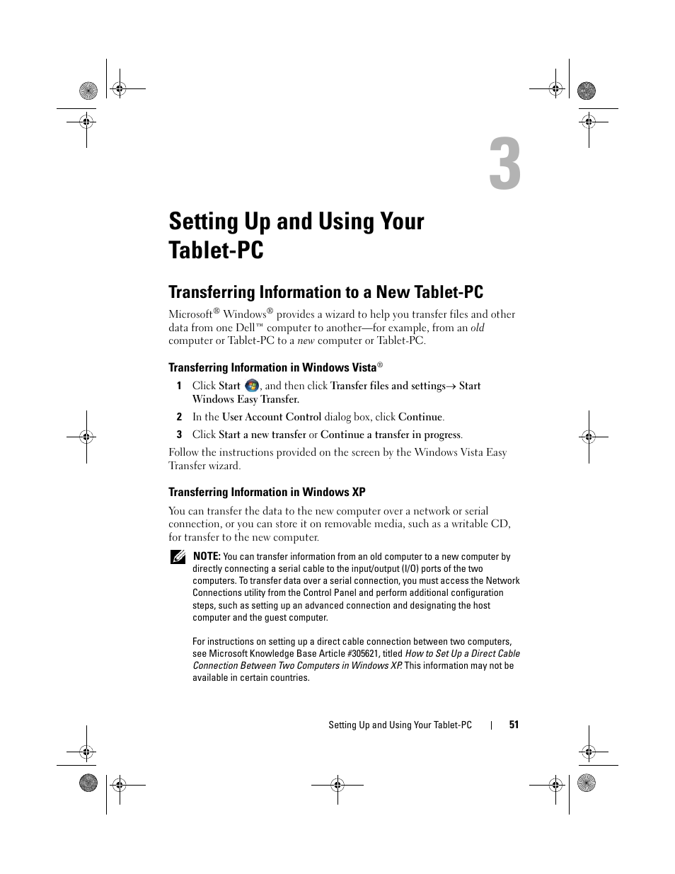 Setting up and using your tablet-pc, Transferring information to a new tablet-pc, Transferring information in windows vista | Transferring information in windows xp | Dell Latitude XT (Late 2007) User Manual | Page 51 / 248