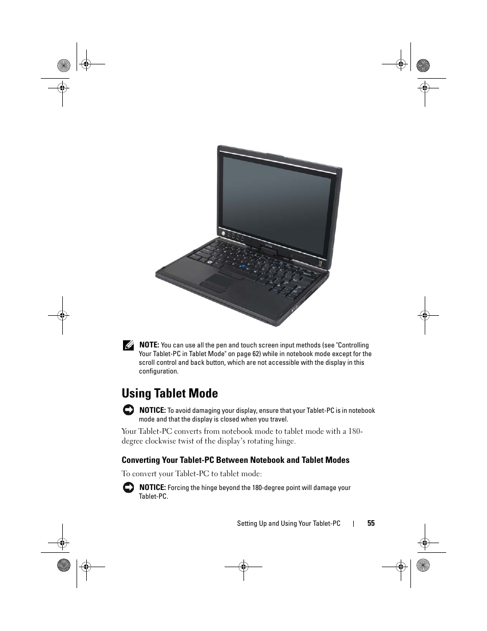 Using tablet mode, Converting your tablet-pc between notebook, And tablet modes | Dell Latitude XT (Late 2007) User Manual | Page 55 / 248