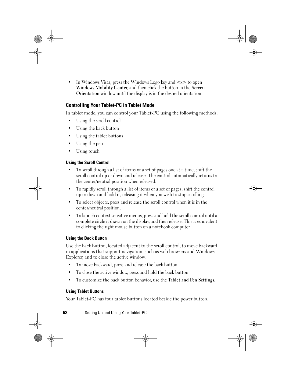 Controlling your tablet-pc in tablet mode, Using the back, E "using the | Dell Latitude XT (Late 2007) User Manual | Page 62 / 248