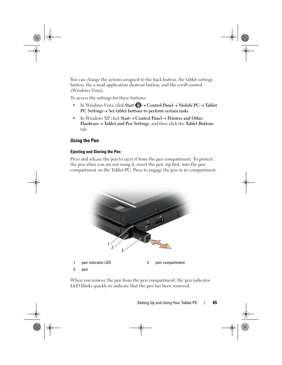 Using the pen | Dell Latitude XT (Late 2007) User Manual | Page 65 / 248