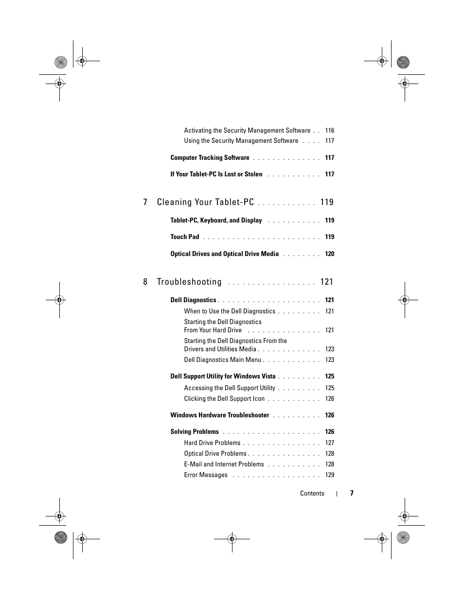 7 cleaning your tablet-pc, 8 troubleshooting | Dell Latitude XT (Late 2007) User Manual | Page 7 / 248