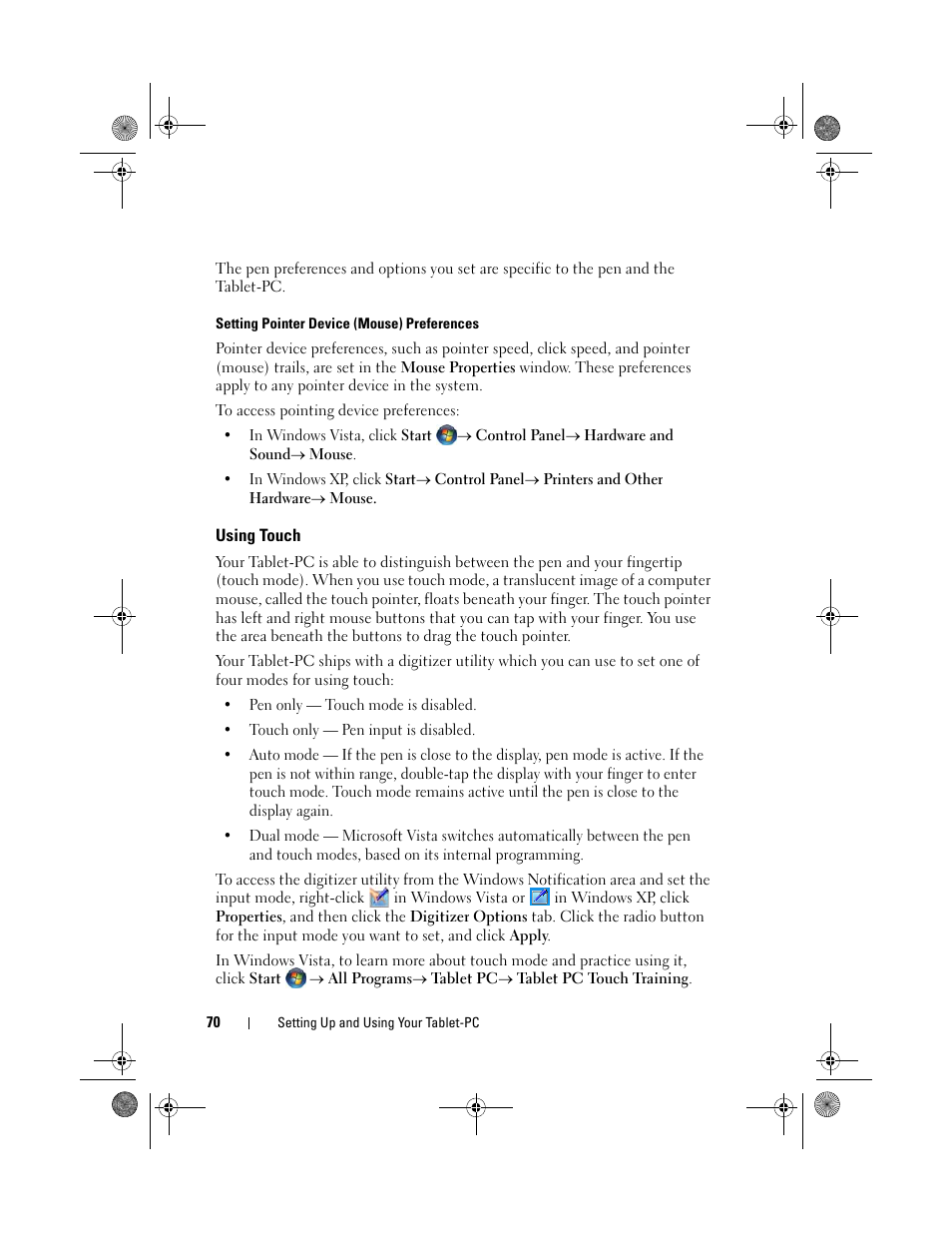 Using touch | Dell Latitude XT (Late 2007) User Manual | Page 70 / 248