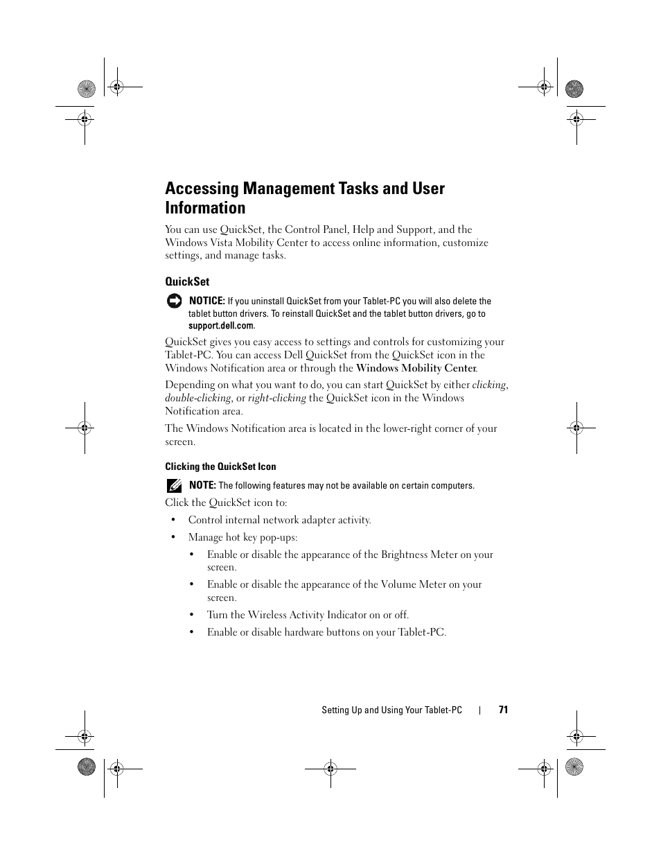Accessing management tasks and user information, Quickset | Dell Latitude XT (Late 2007) User Manual | Page 71 / 248