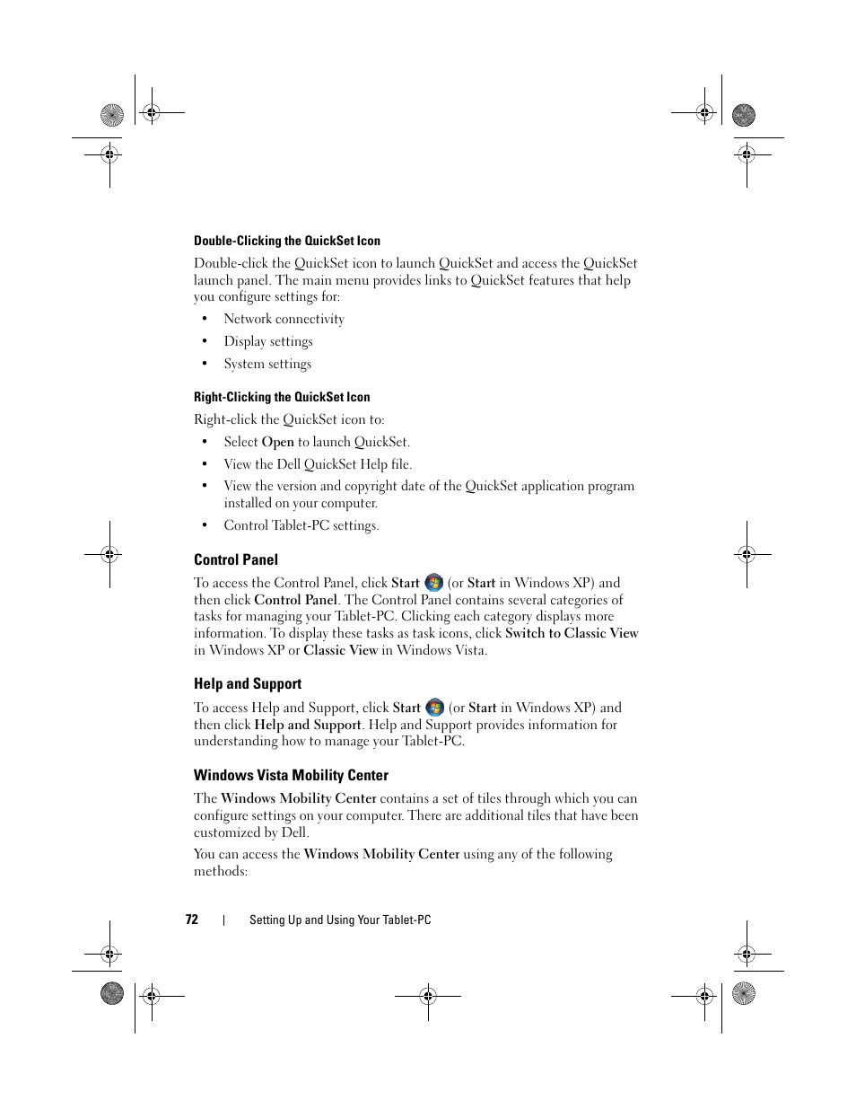 Control panel, Help and support, Windows vista mobility center | Dell Latitude XT (Late 2007) User Manual | Page 72 / 248