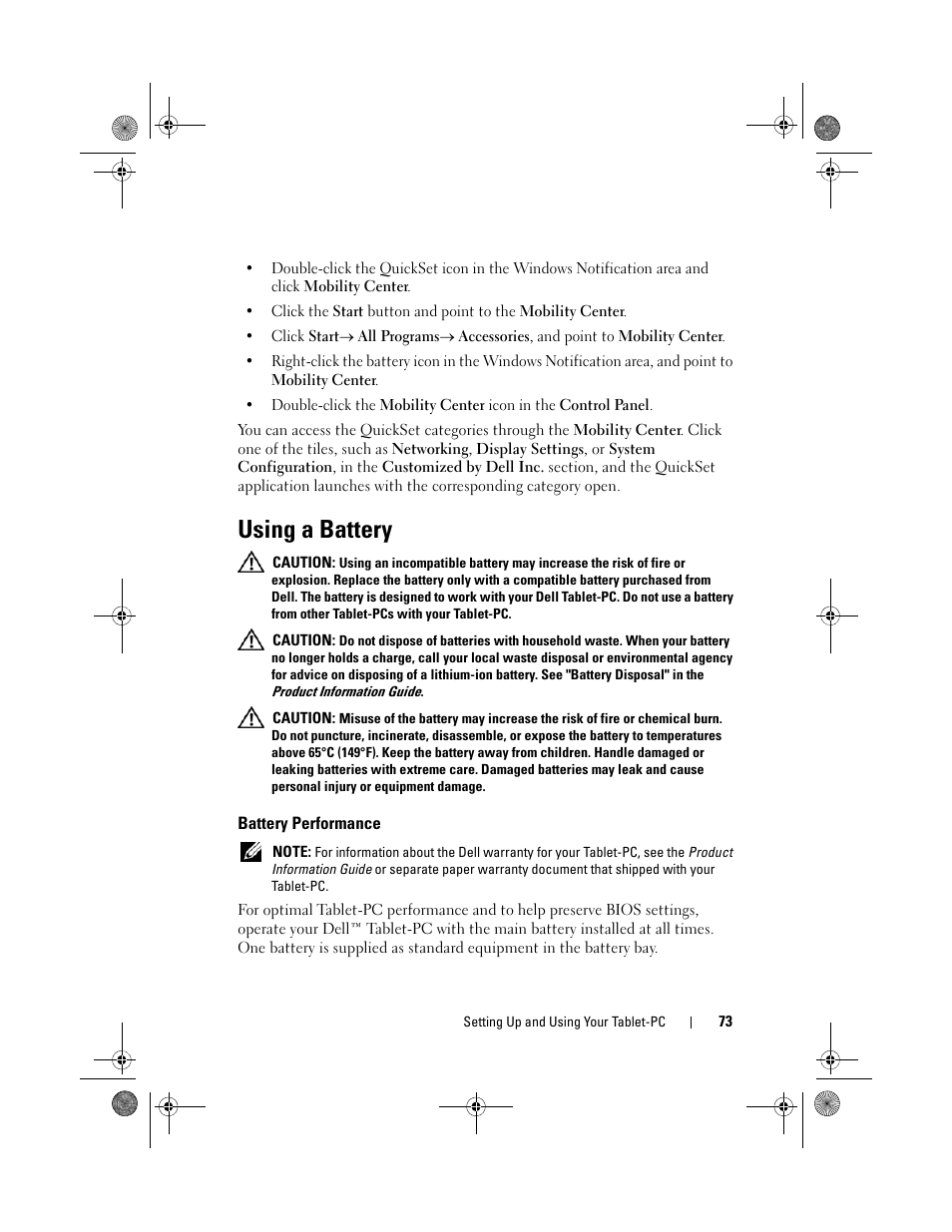 Using a battery, Battery performance | Dell Latitude XT (Late 2007) User Manual | Page 73 / 248