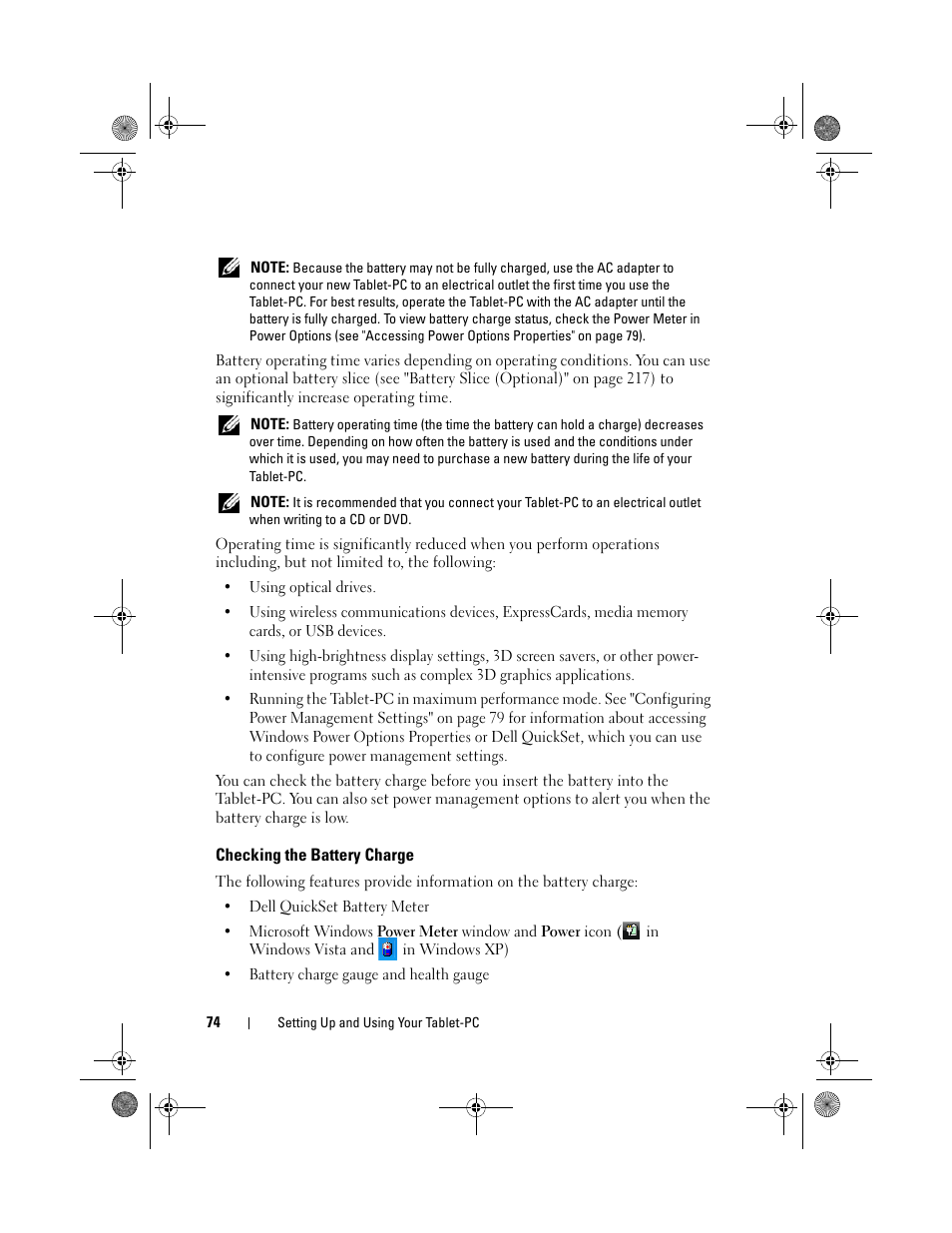 Checking the battery charge | Dell Latitude XT (Late 2007) User Manual | Page 74 / 248