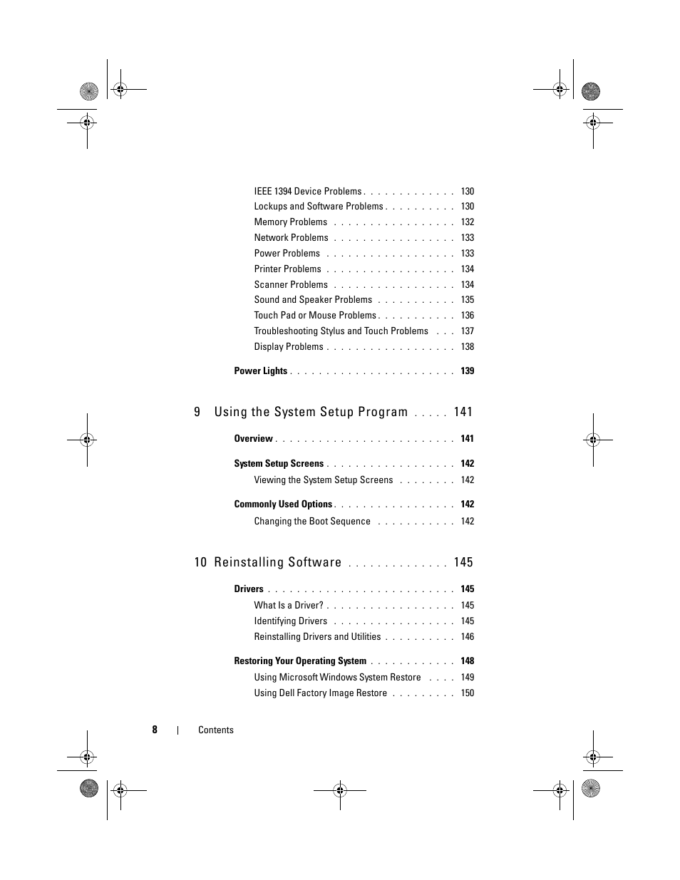 9 using the system setup program, 10 reinstalling software | Dell Latitude XT (Late 2007) User Manual | Page 8 / 248