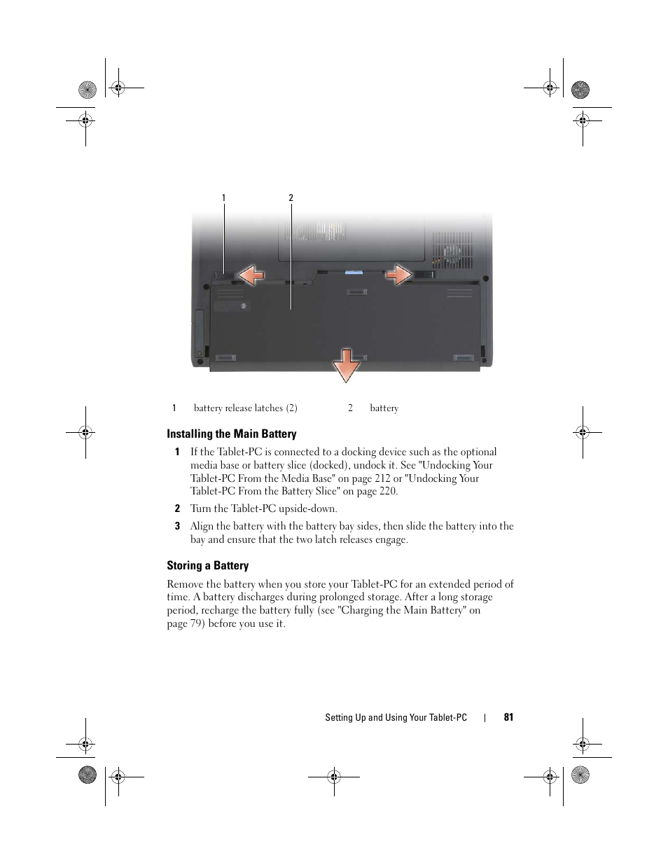 Installing the main battery, Storing a battery | Dell Latitude XT (Late 2007) User Manual | Page 81 / 248