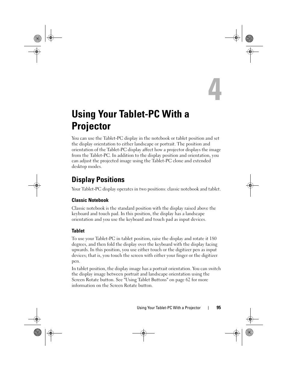 Using your tablet-pc with a projector, Display positions, Classic notebook | Tablet | Dell Latitude XT (Late 2007) User Manual | Page 95 / 248