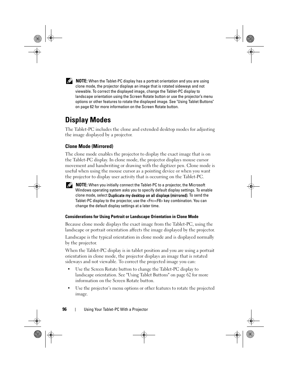 Display modes, Clone mode (mirrored) | Dell Latitude XT (Late 2007) User Manual | Page 96 / 248