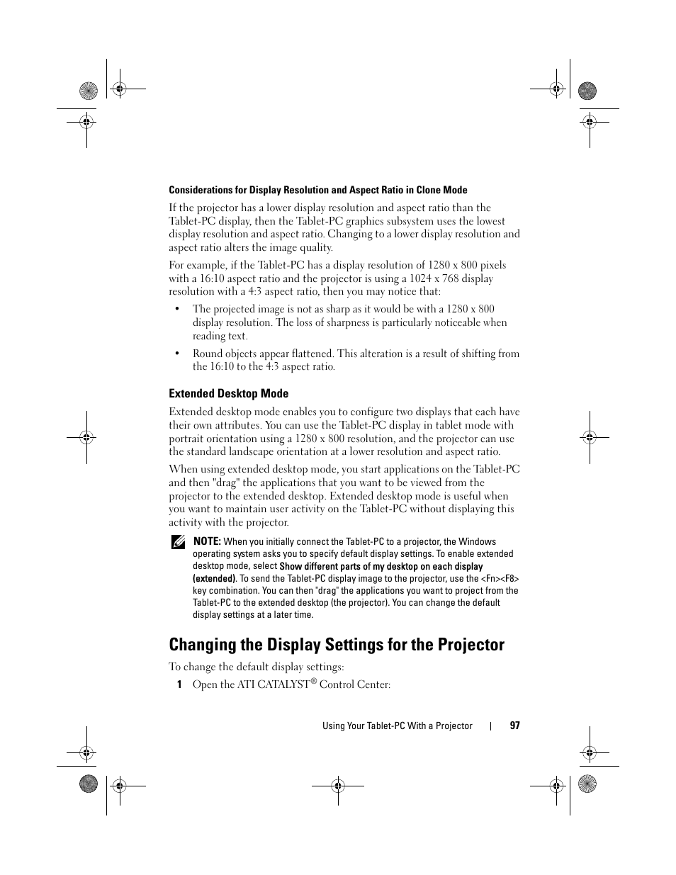 Extended desktop mode, Changing the display settings for the projector | Dell Latitude XT (Late 2007) User Manual | Page 97 / 248