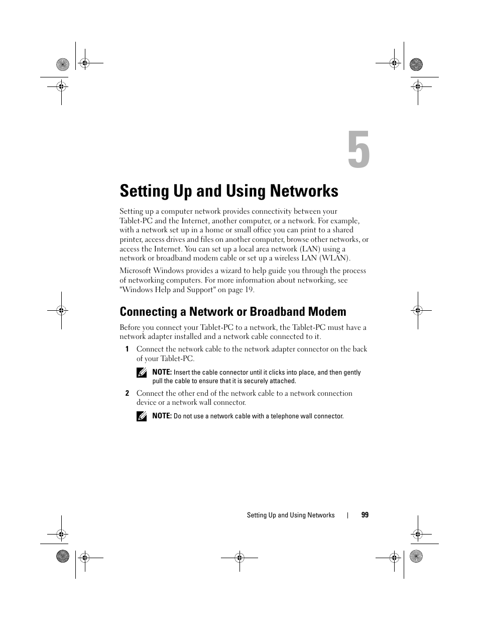 Setting up and using networks, Connecting a network or broadband modem | Dell Latitude XT (Late 2007) User Manual | Page 99 / 248