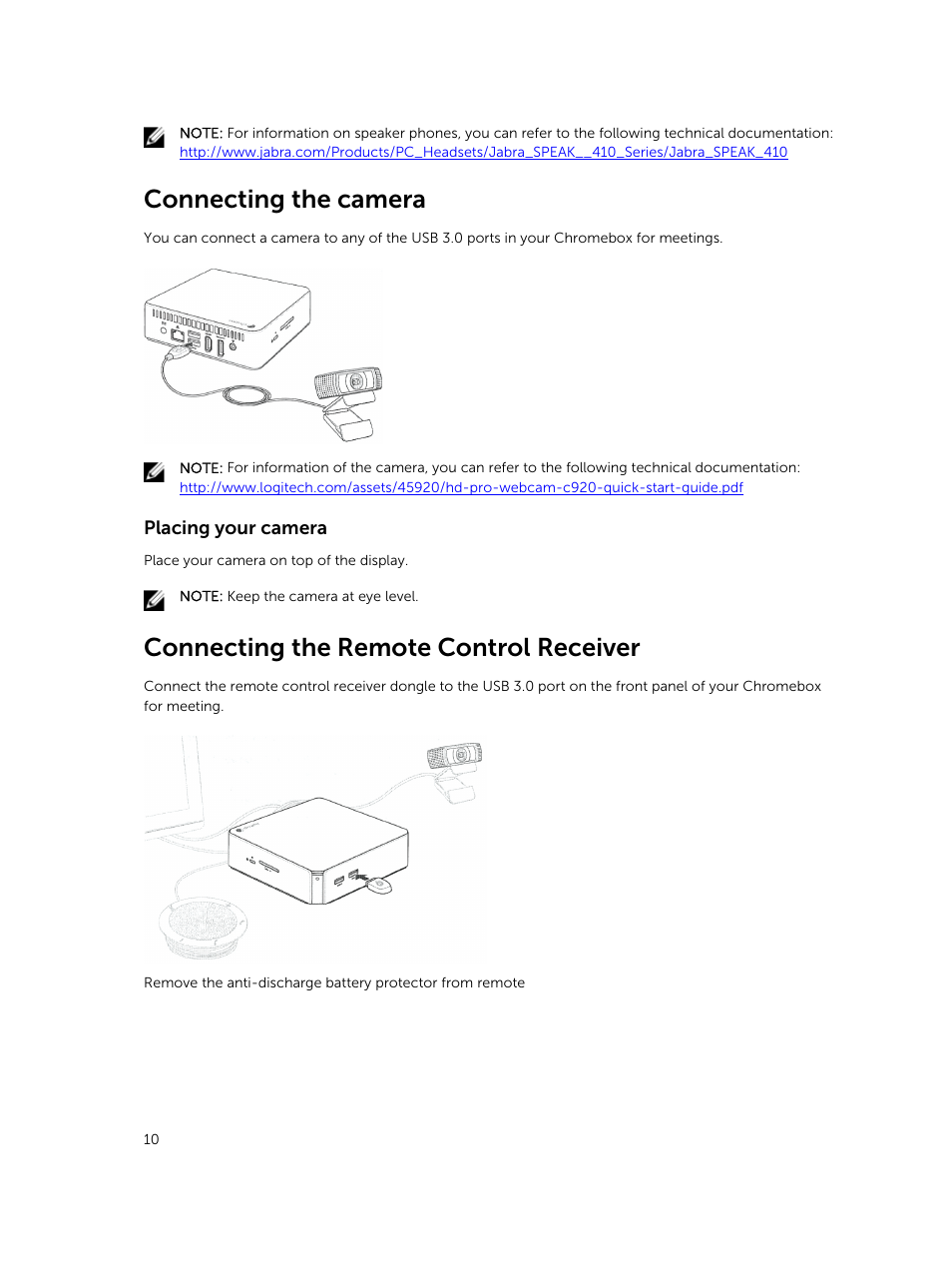 Connecting the camera, Placing your camera, Connecting the remote control receiver | Dell ChromeBox For Meetings User Manual | Page 10 / 24