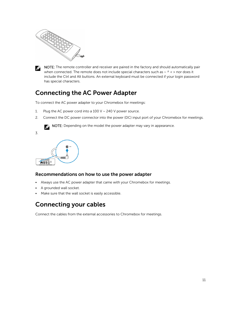 Connecting the ac power adapter, Recommendations on how to use the power adapter, Connecting your cables | Dell ChromeBox For Meetings User Manual | Page 11 / 24