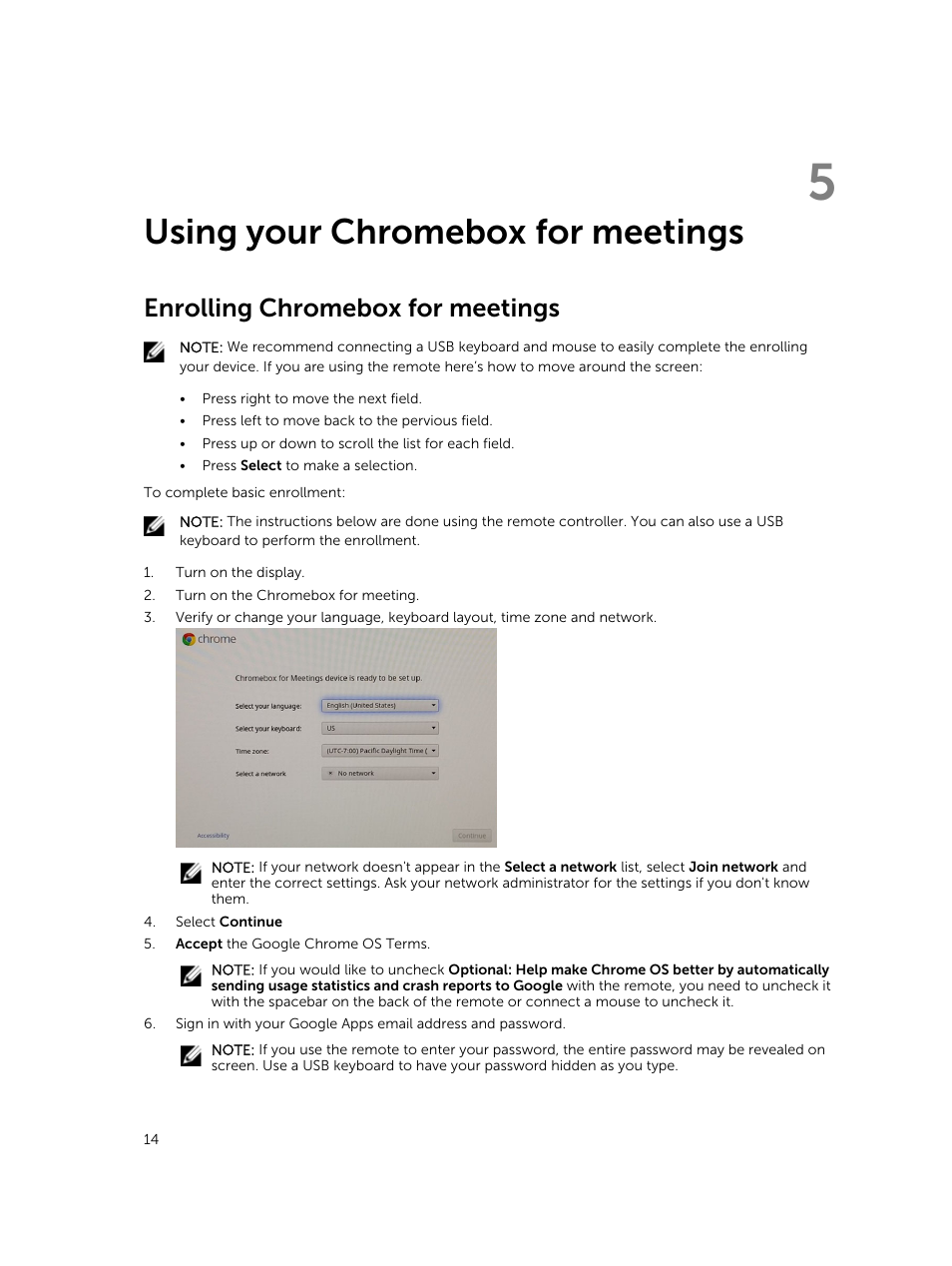 Using your chromebox for meetings, Enrolling chromebox for meetings, 5 using your chromebox for meetings | Dell ChromeBox For Meetings User Manual | Page 14 / 24