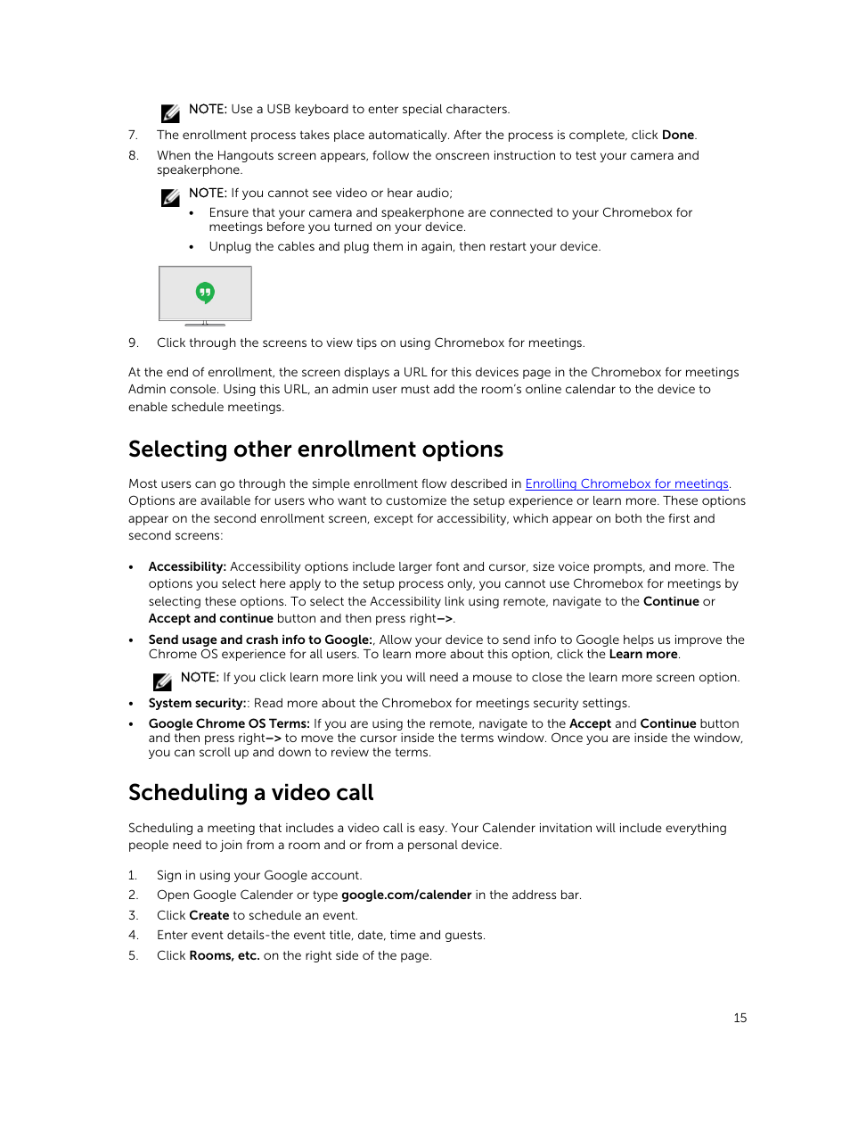 Selecting other enrollment options, Scheduling a video call | Dell ChromeBox For Meetings User Manual | Page 15 / 24