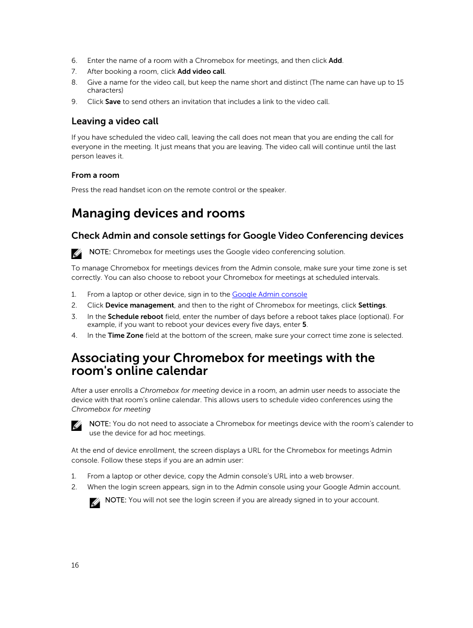 Leaving a video call, Managing devices and rooms | Dell ChromeBox For Meetings User Manual | Page 16 / 24