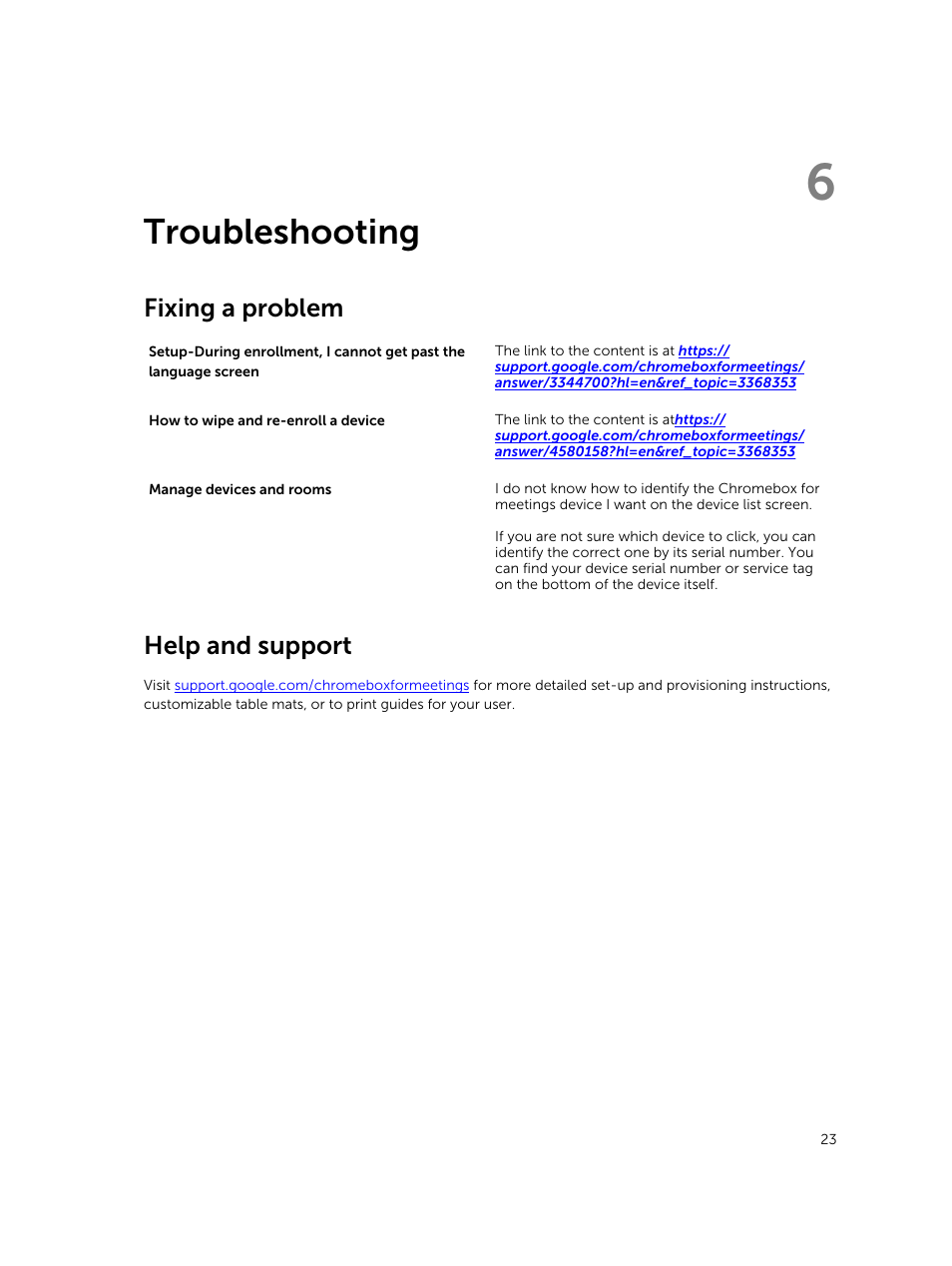 Troubleshooting, Fixing a problem, Help and support | 6 troubleshooting | Dell ChromeBox For Meetings User Manual | Page 23 / 24