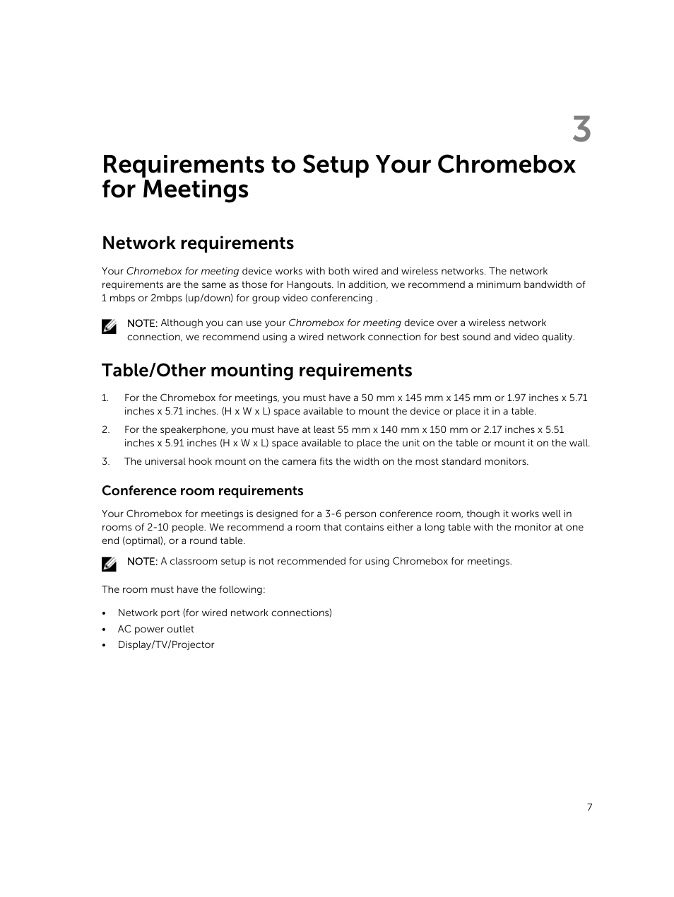 Requirements to setup your chromebox for meetings, Network requirements, Table/other mounting requirements | Conference room requirements | Dell ChromeBox For Meetings User Manual | Page 7 / 24