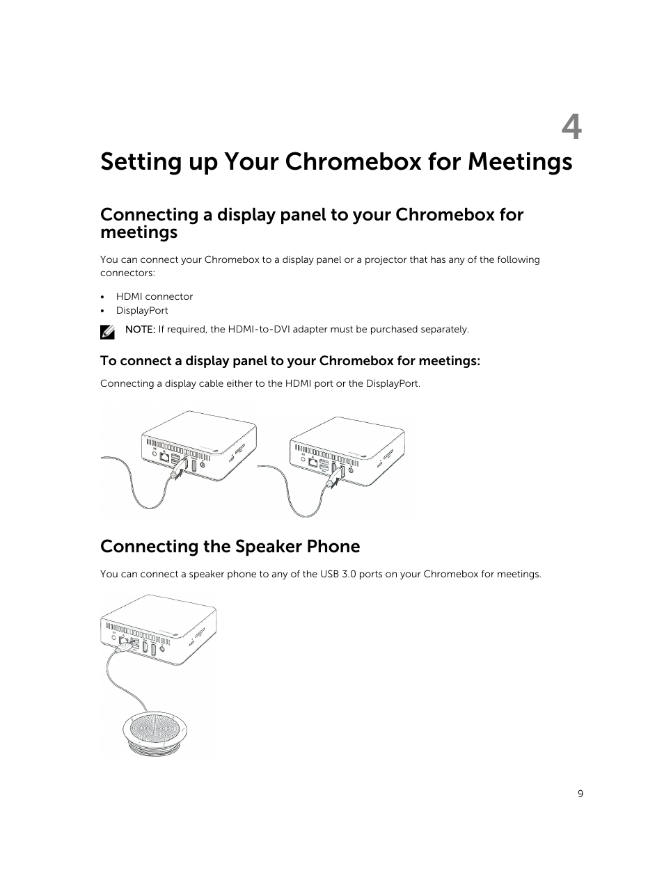 Setting up your chromebox for meetings, Connecting the speaker phone, 4 setting up your chromebox for meetings | Dell ChromeBox For Meetings User Manual | Page 9 / 24