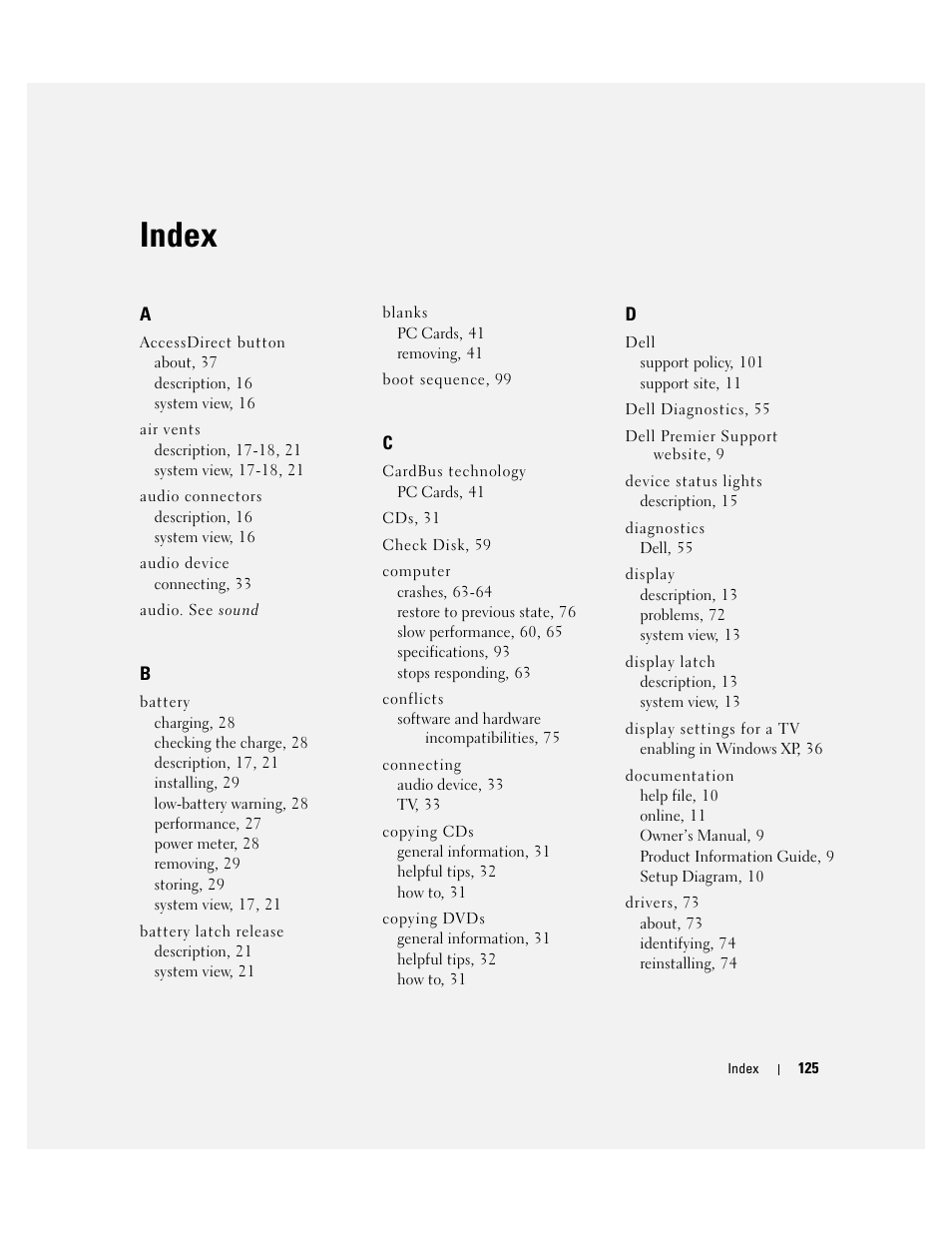 Index | Dell Inspiron 5160 User Manual | Page 125 / 128