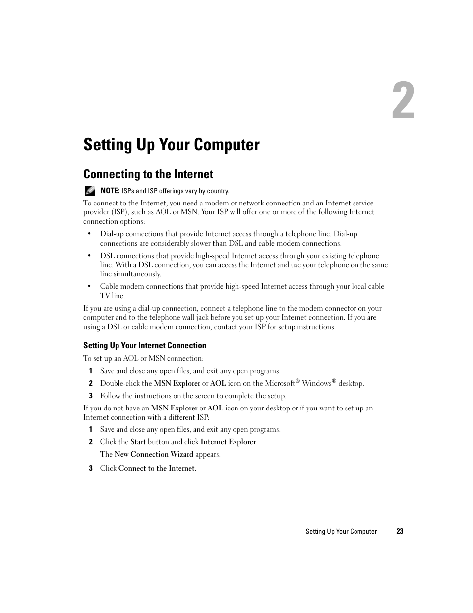 Setting up your computer, Connecting to the internet, Setting up your internet connection | Dell Inspiron 5160 User Manual | Page 23 / 128