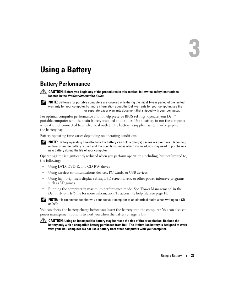 Using a battery, Battery performance | Dell Inspiron 5160 User Manual | Page 27 / 128