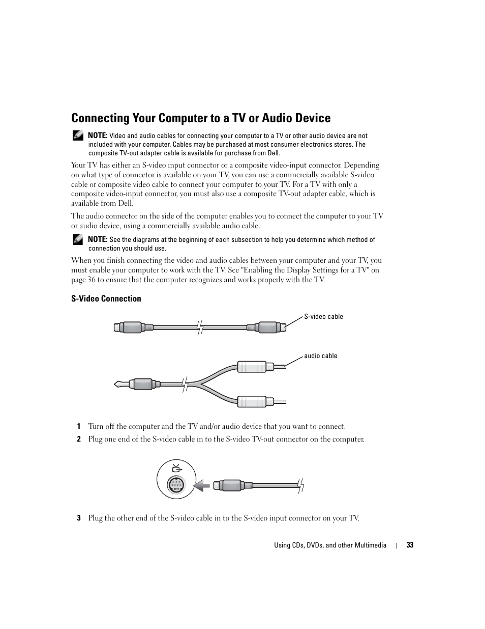 Connecting your computer to a tv or audio device, S-video connection | Dell Inspiron 5160 User Manual | Page 33 / 128