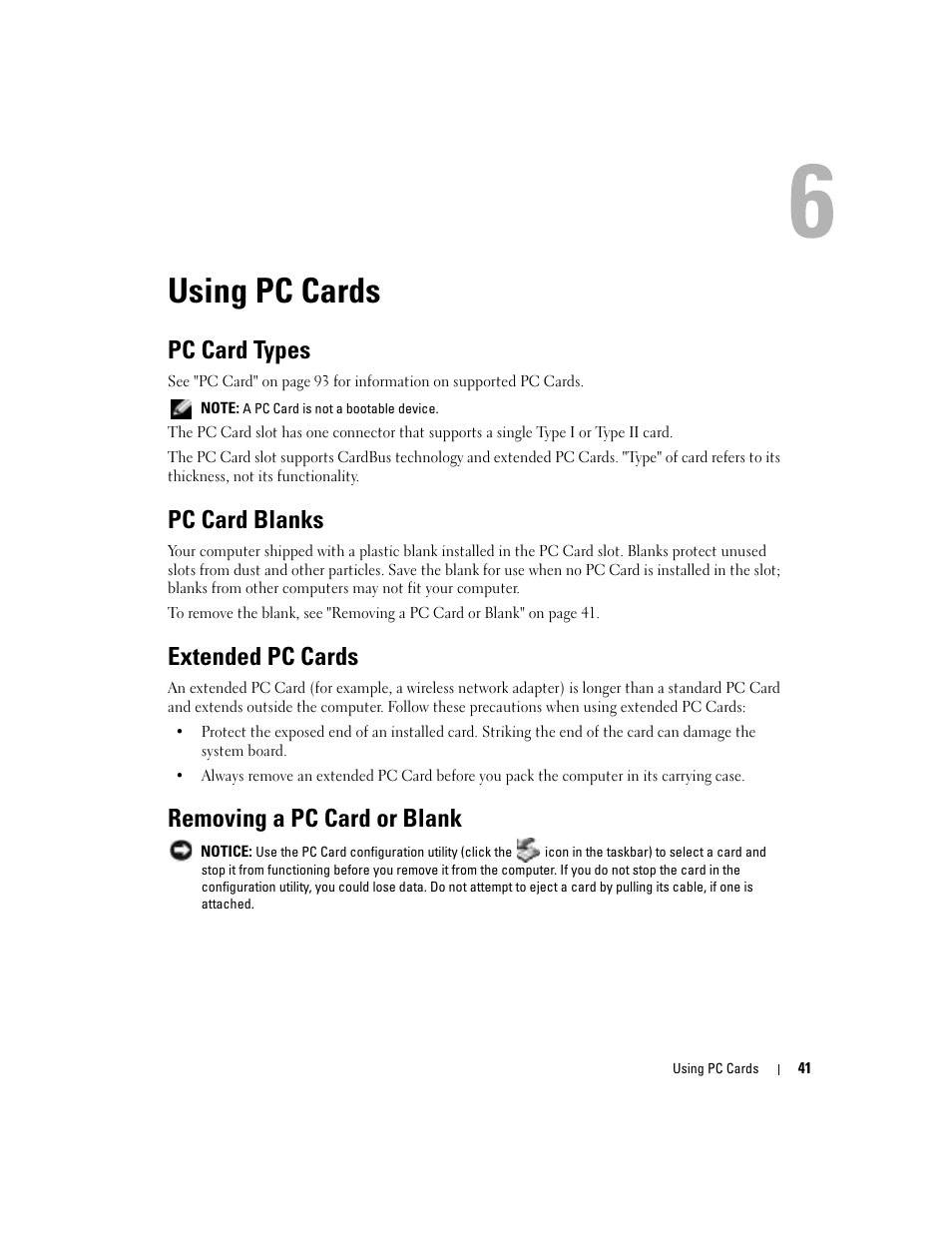 Using pc cards, Pc card types, Pc card blanks | Extended pc cards, Removing a pc card or blank | Dell Inspiron 5160 User Manual | Page 41 / 128