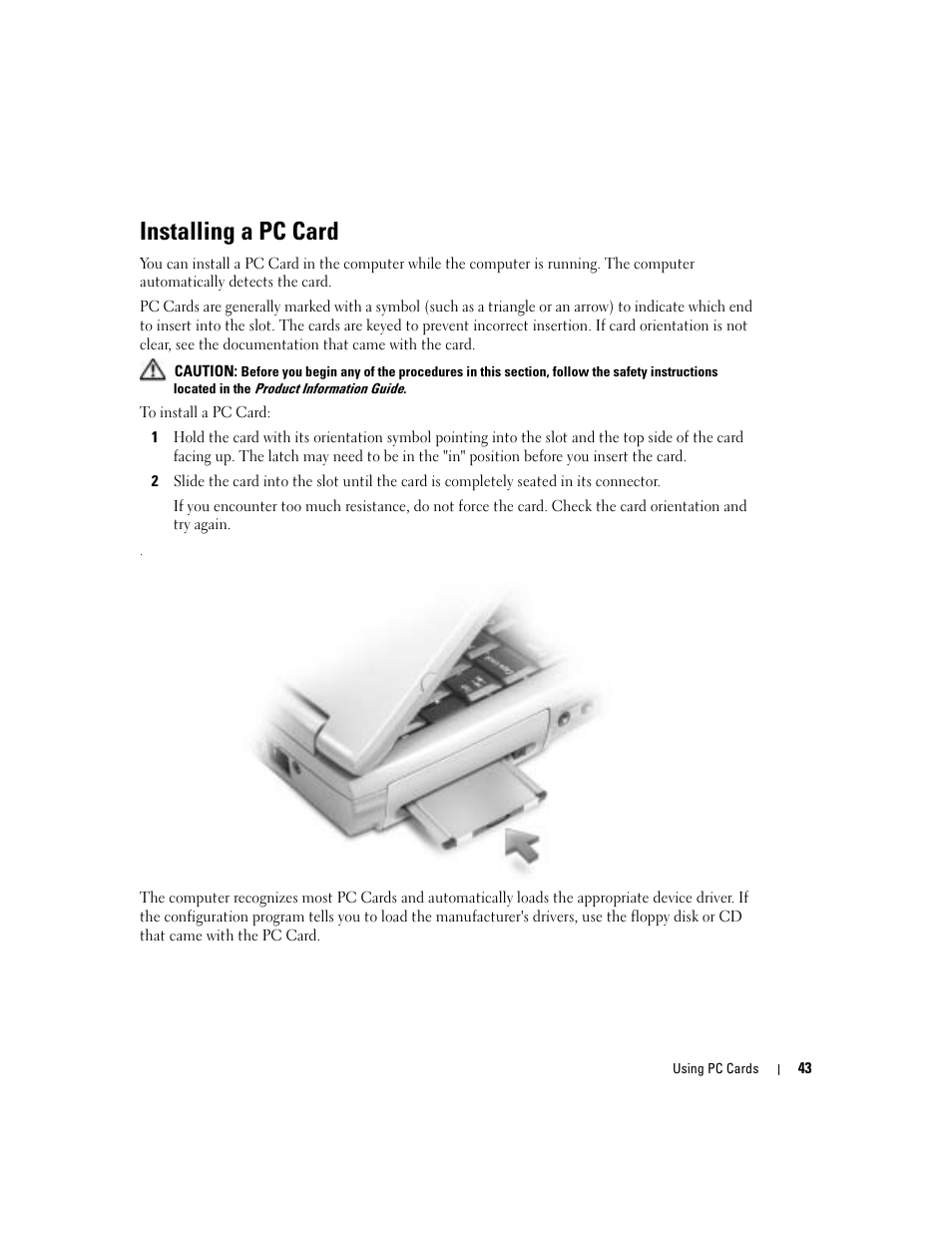 Installing a pc card | Dell Inspiron 5160 User Manual | Page 43 / 128