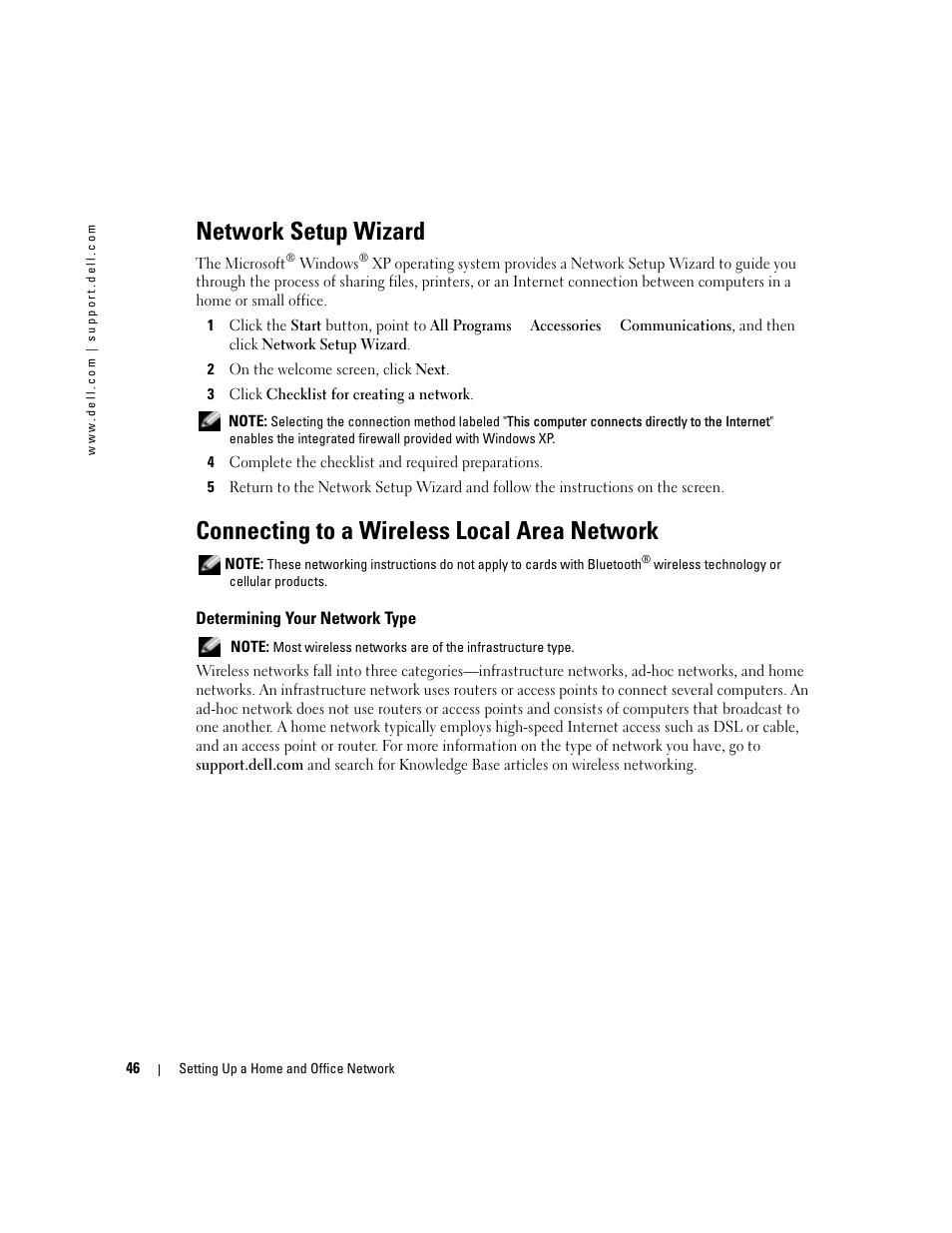 Network setup wizard, Connecting to a wireless local area network, Determining your network type | Dell Inspiron 5160 User Manual | Page 46 / 128