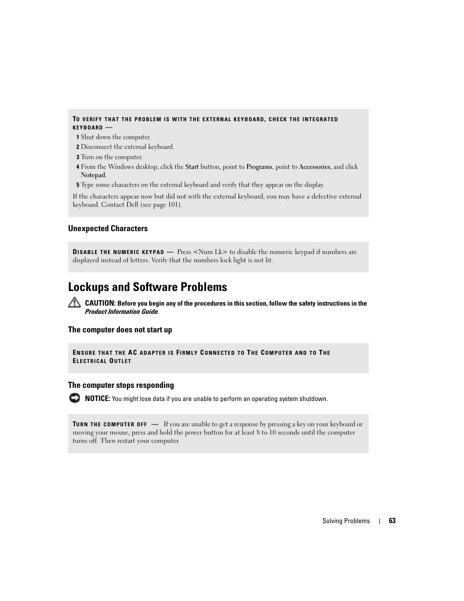 Unexpected characters, Lockups and software problems, The computer does not start up | The computer stops responding | Dell Inspiron 5160 User Manual | Page 63 / 128