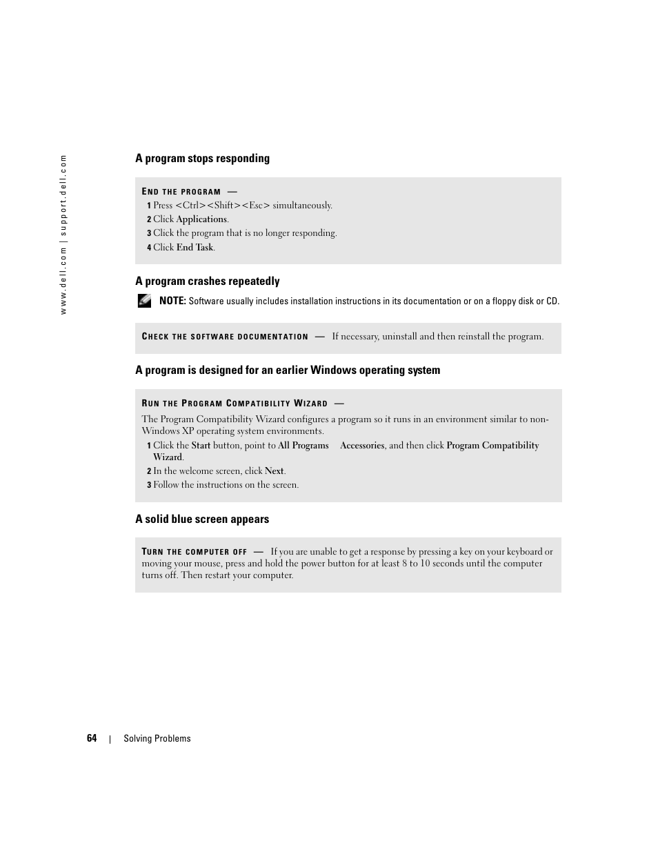 A program stops responding, A program crashes repeatedly, A solid blue screen appears | Dell Inspiron 5160 User Manual | Page 64 / 128