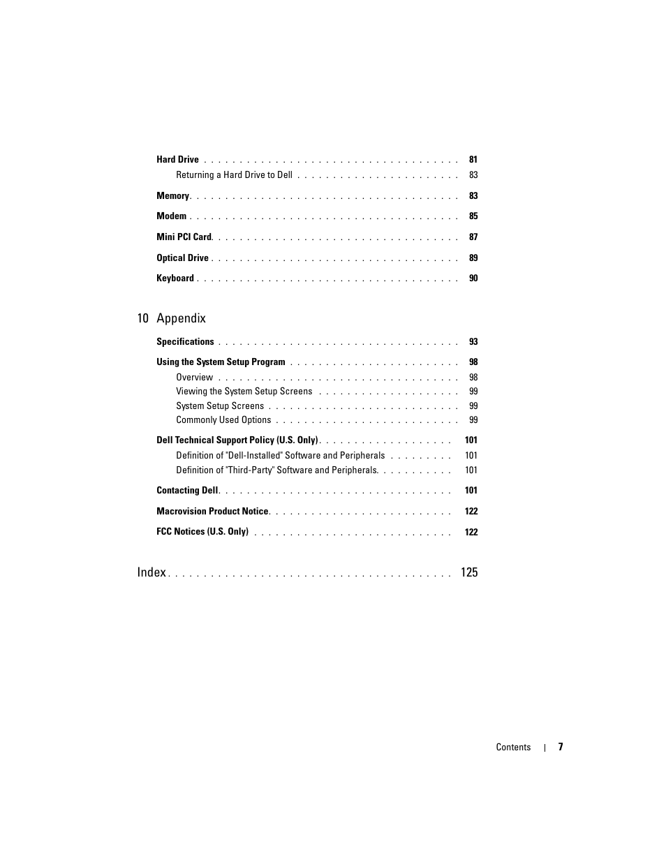 10 appendix, Index | Dell Inspiron 5160 User Manual | Page 7 / 128
