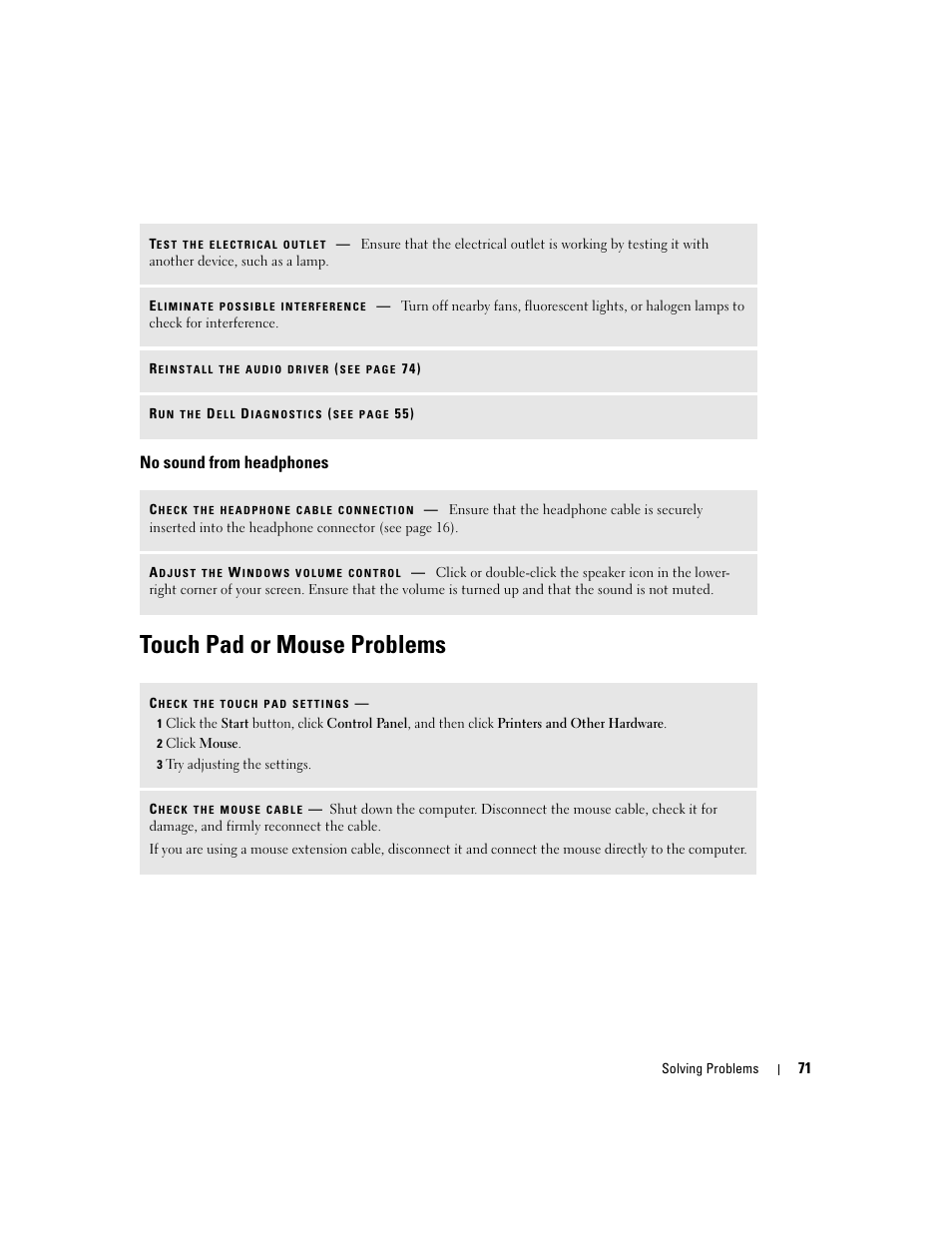 No sound from headphones, Touch pad or mouse problems | Dell Inspiron 5160 User Manual | Page 71 / 128