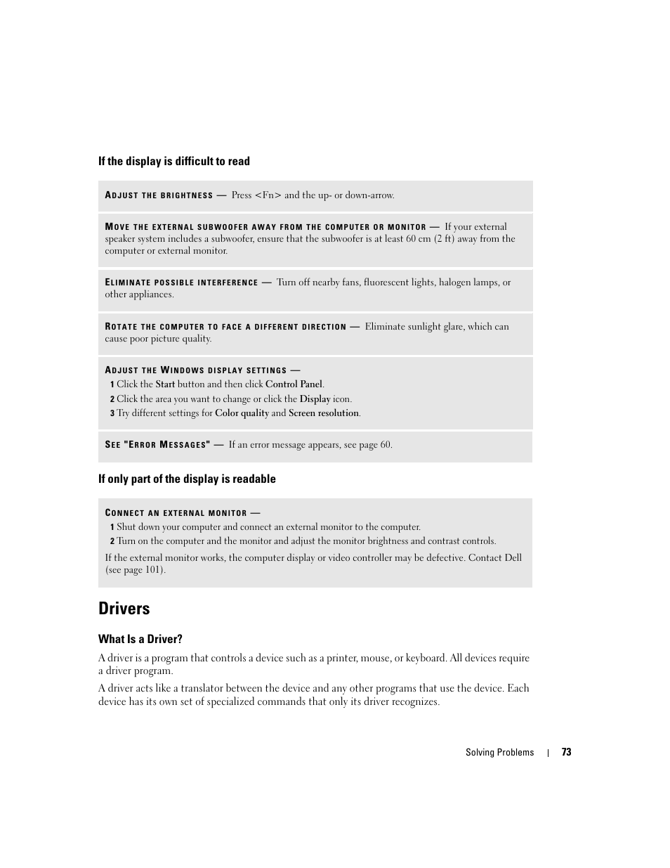If the display is difficult to read, If only part of the display is readable, Drivers | What is a driver | Dell Inspiron 5160 User Manual | Page 73 / 128