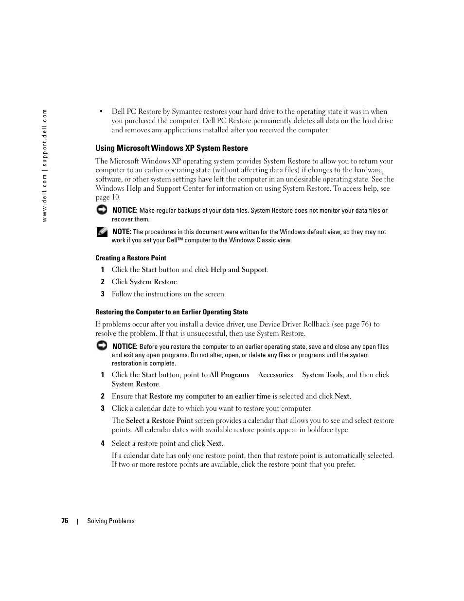 Using microsoft windows xp system restore, Using microsoft | Dell Inspiron 5160 User Manual | Page 76 / 128