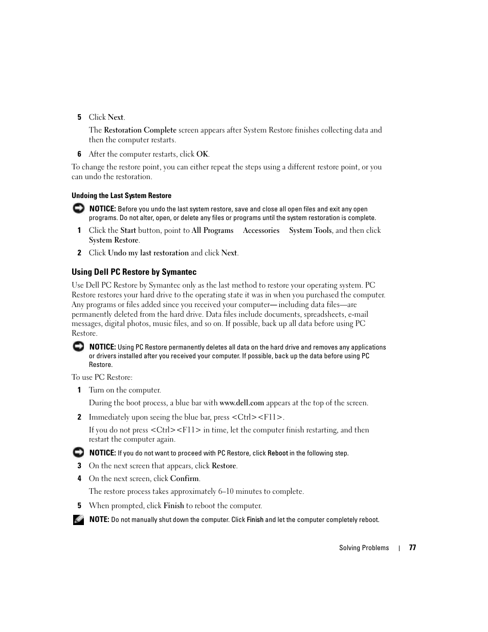 Using dell pc restore by symantec | Dell Inspiron 5160 User Manual | Page 77 / 128