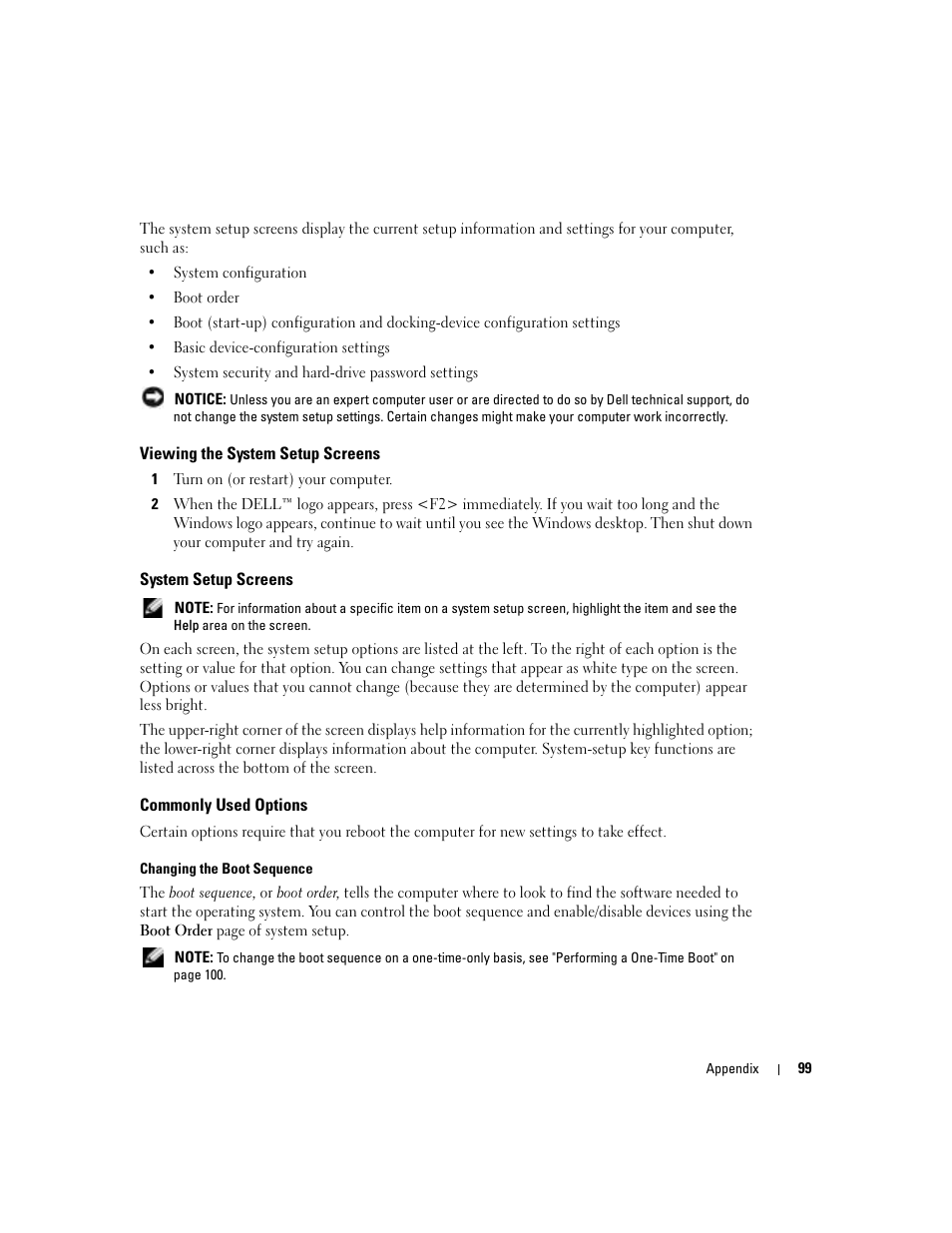 Viewing the system setup screens, System setup screens, Commonly used options | Dell Inspiron 5160 User Manual | Page 99 / 128