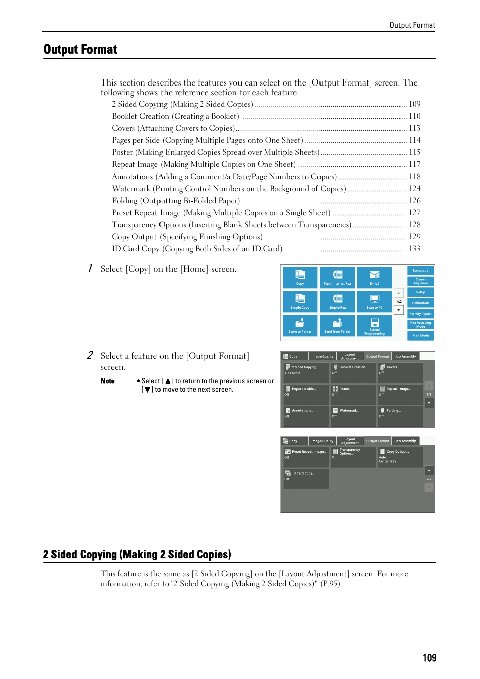 Output format, 2 sided copying (making 2 sided copies), Output format" (p.109) | Dell C7765DN MFP Color Laser Printer User Manual | Page 109 / 831