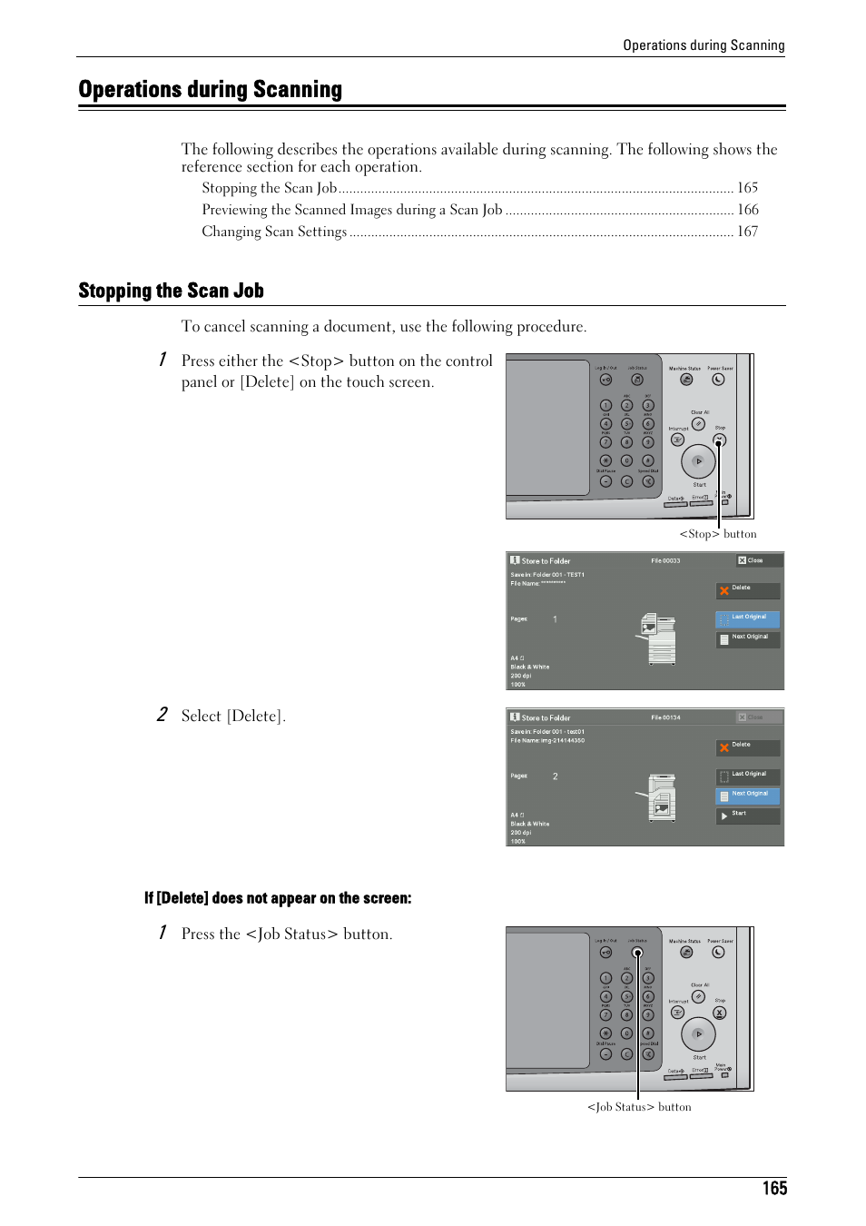 Operations during scanning, Stopping the scan job | Dell C7765DN MFP Color Laser Printer User Manual | Page 165 / 831