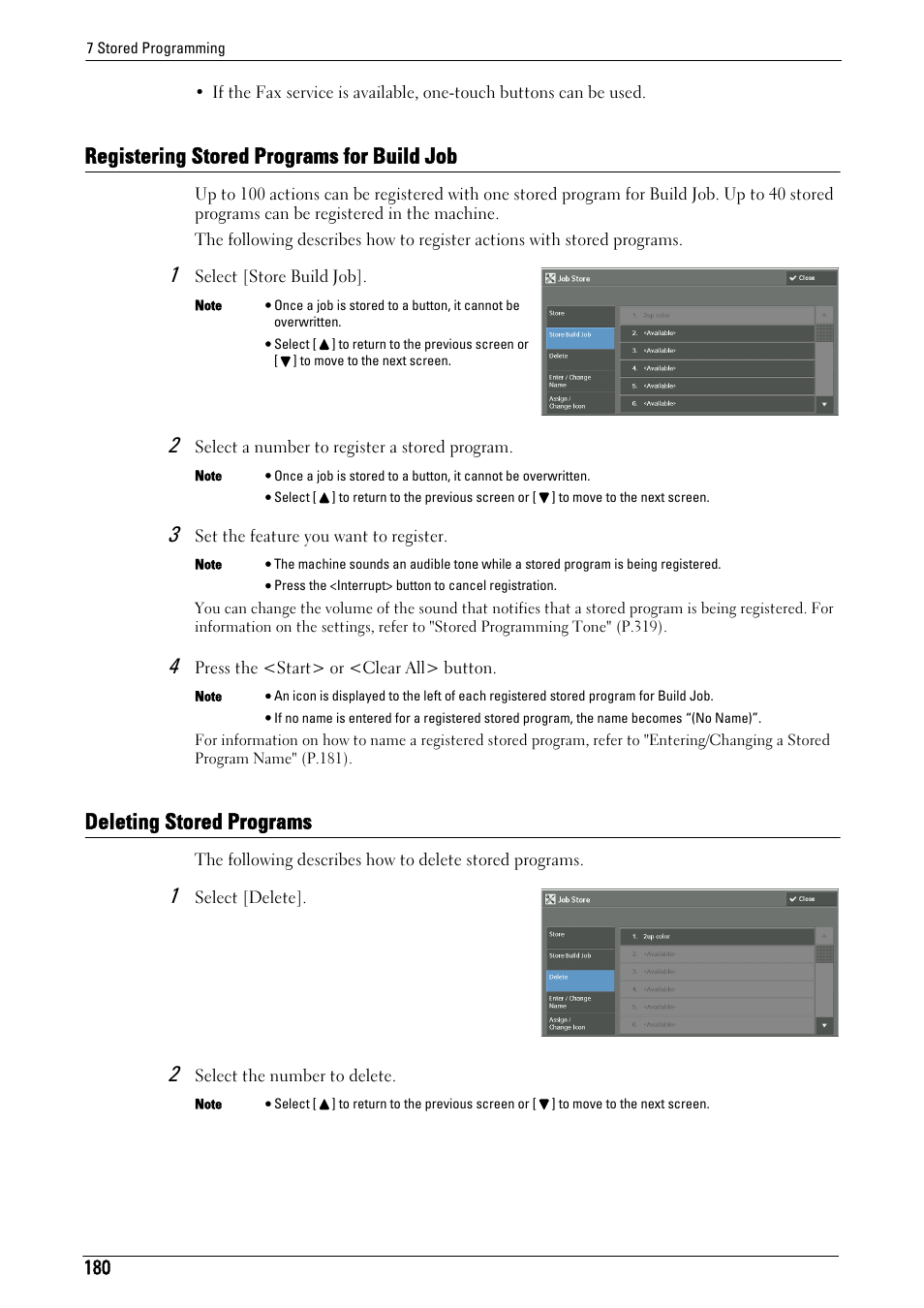 Registering stored programs for build job, Deleting stored programs | Dell C7765DN MFP Color Laser Printer User Manual | Page 180 / 831