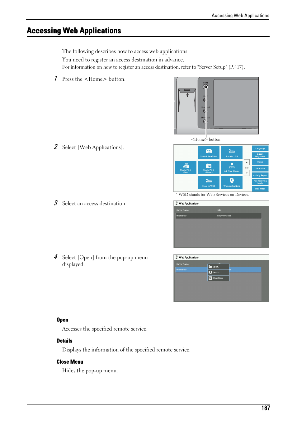 Accessing web applications | Dell C7765DN MFP Color Laser Printer User Manual | Page 187 / 831